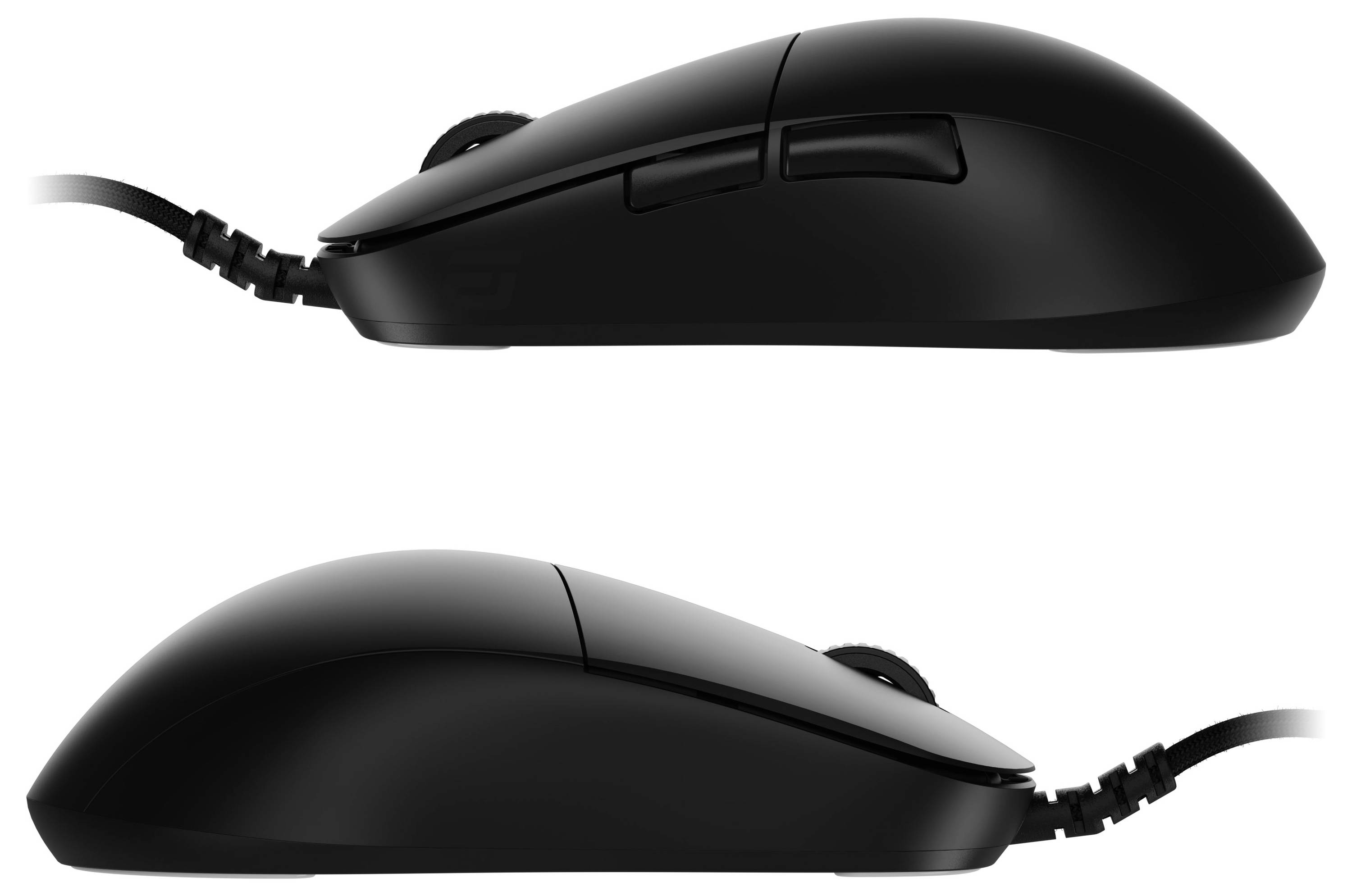 Zwei schwarze Computermäuse von der Seite gezeigt, wobei ihr ergonomisches Design hervorgehoben wird.