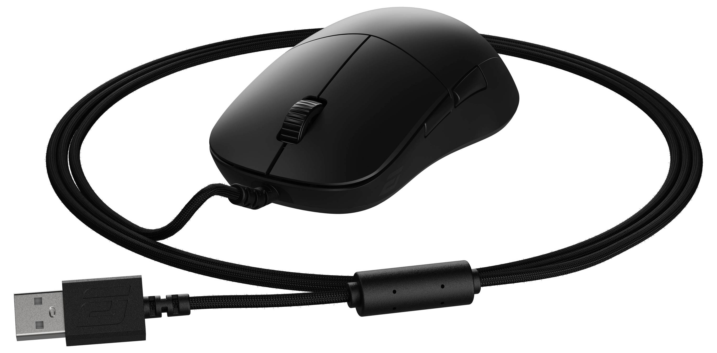 Eine schwarze kabelgebundene Computermaus mit USB-Anschluss, ausgestattet mit zwei seitlichen Tasten und einem Scroll-Rad.