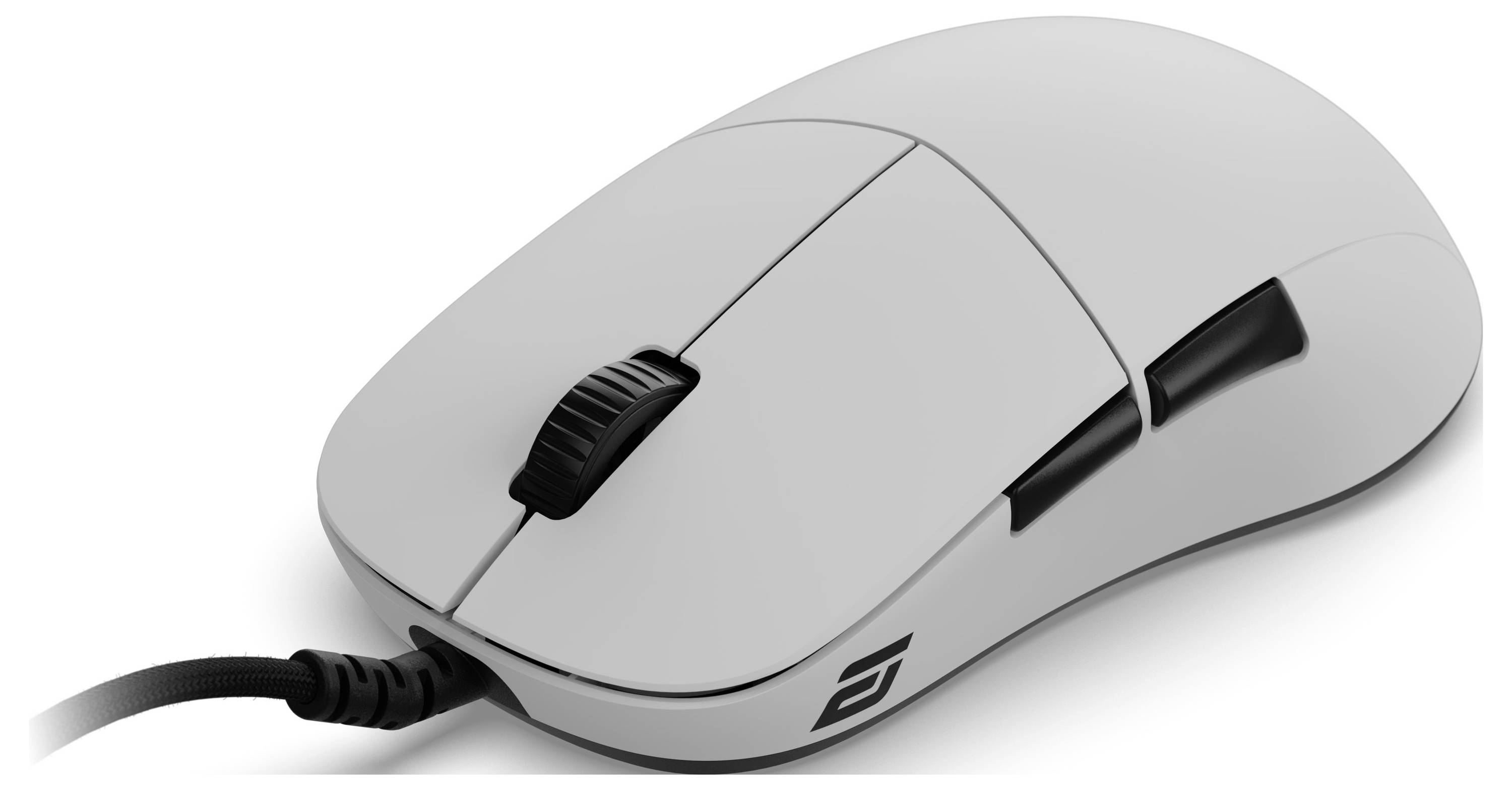 Eine schlichte graue kabelgebundene Computermaus mit zwei Tasten und einem Scrollrad, mit einem stilvollen Logo an der Seite.