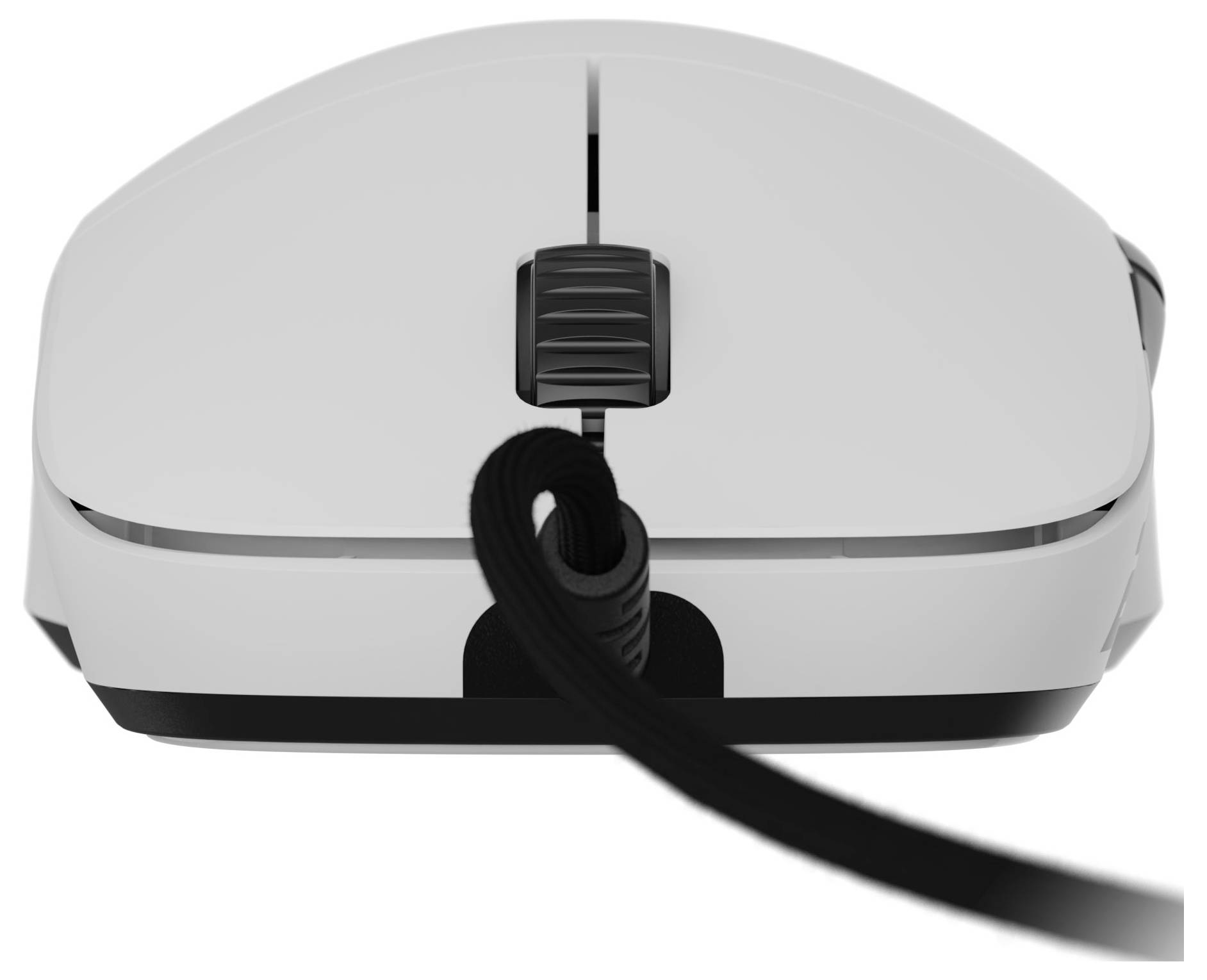 Eine weiße Computermaus mit einem schwarzen Scrollrad und Kabel, Frontansicht, auf weißem Hintergrund.