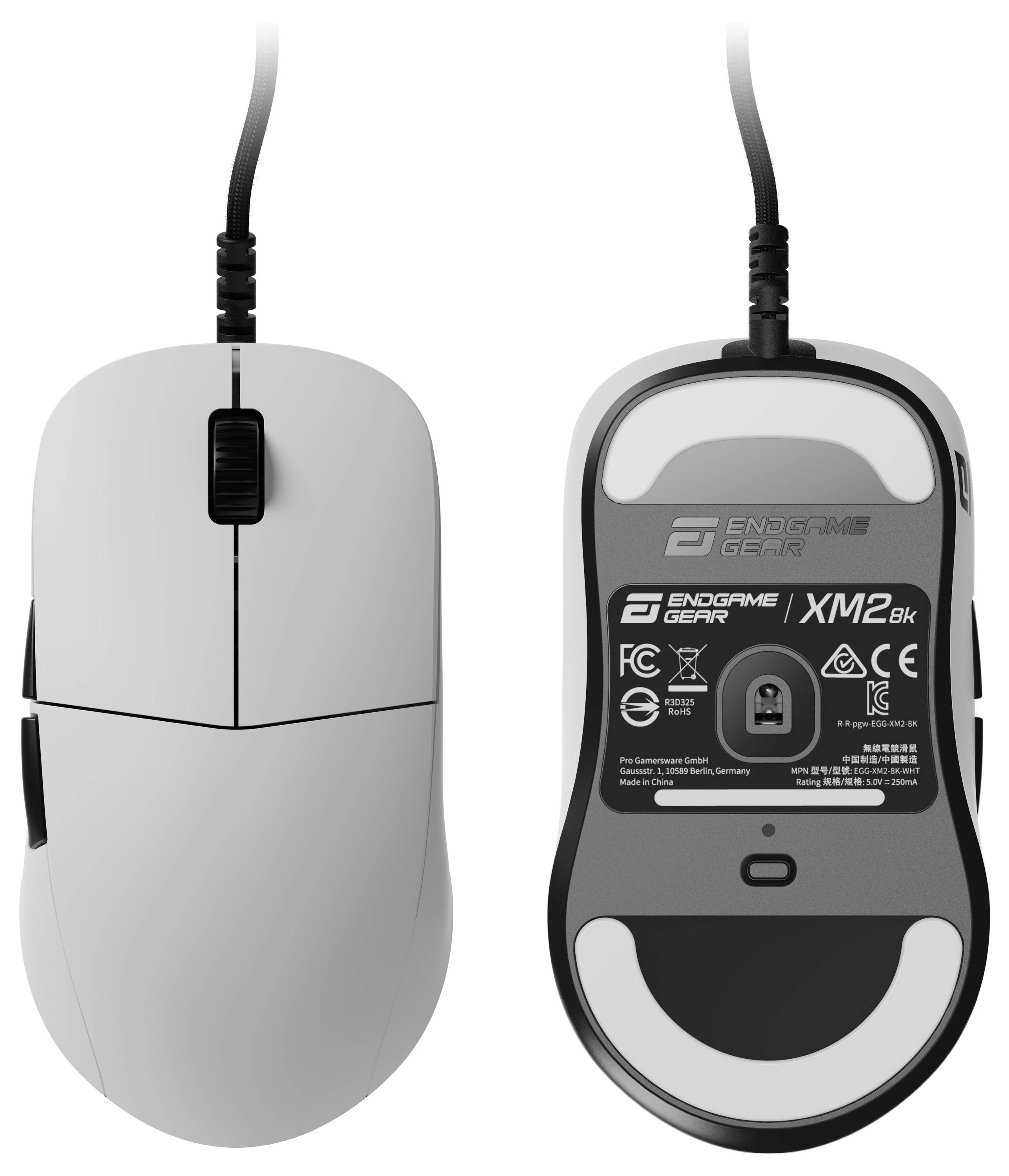 'Endgame Gear XM2' Gaming-Maus, von oben und unten gezeigt, mit ergonomischem Design, Scrollrad und Markeninformationen.