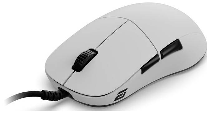 Weiße Computer-Maus mit einem schwarzen Scroll-Rad und zwei Tasten, die über ein Kabel verbunden ist. Das Design ist schlank und modern.