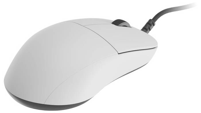 Eine weiße Computermaus mit zwei schwarzen Tasten auf der Oberseite, von der Seite gezeigt. Die Maus verfügt über ein modernes, schlankes Design.