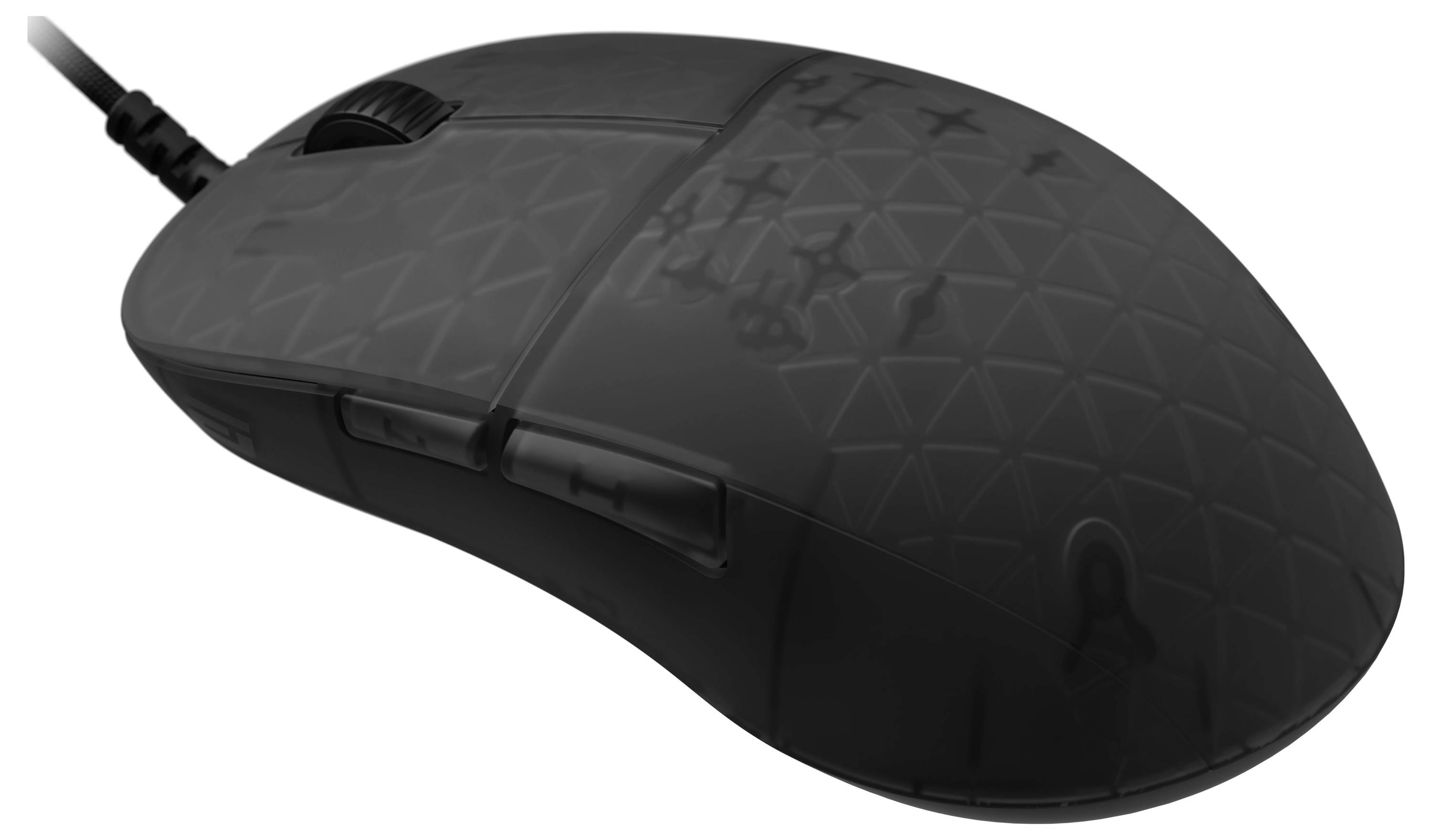 Eine schwarze Computermaus mit strukturiertem Muster, ausgestattet mit einem Scrollrad und zwei seitlichen Tasten.