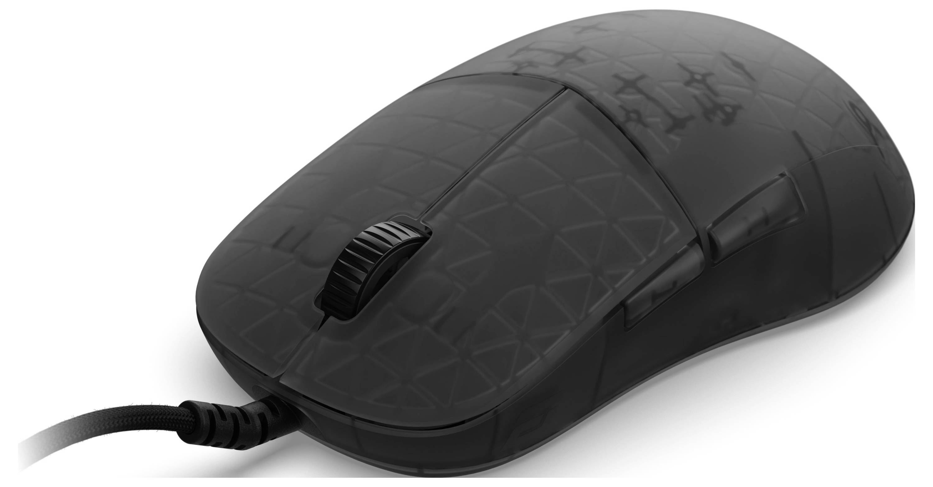 Eine schwarze kabelgebundene Computermaus mit einem geometrischen Muster auf ihrer Oberfläche, ausgestattet mit einem Scrollrad und ergonomischem Design.