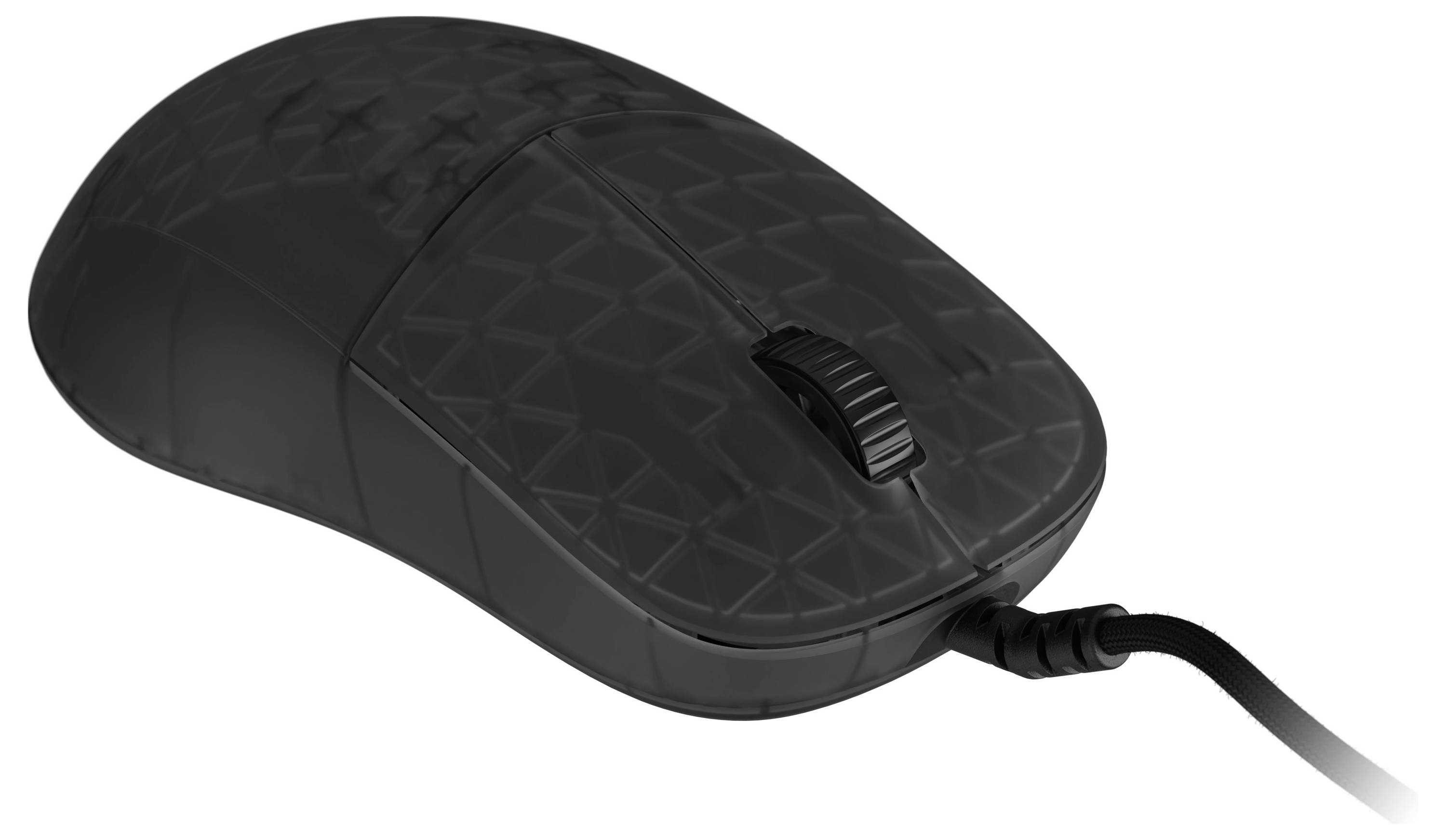 Eine schwarze kabelgebundene Computermaus mit einem strukturierten, geometrischen Muster auf der Oberfläche, aus einem leicht geneigten Draufsichtwinkel gezeigt.