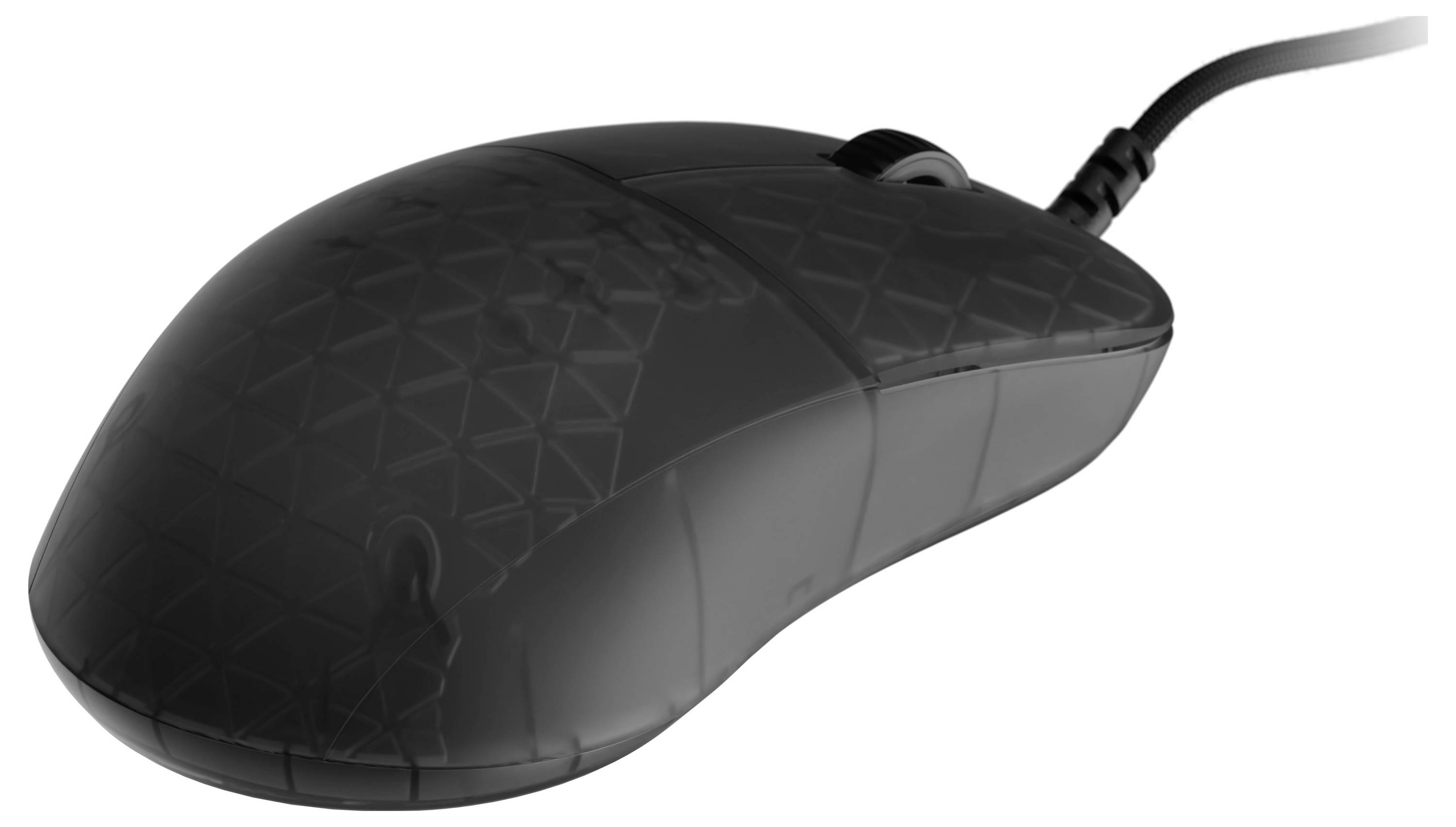 Eine schwarze Computermaus mit einem geometrischen Muster auf ihrer Oberfläche und einem angeschlossenen Kabel, von der Seite betrachtet.