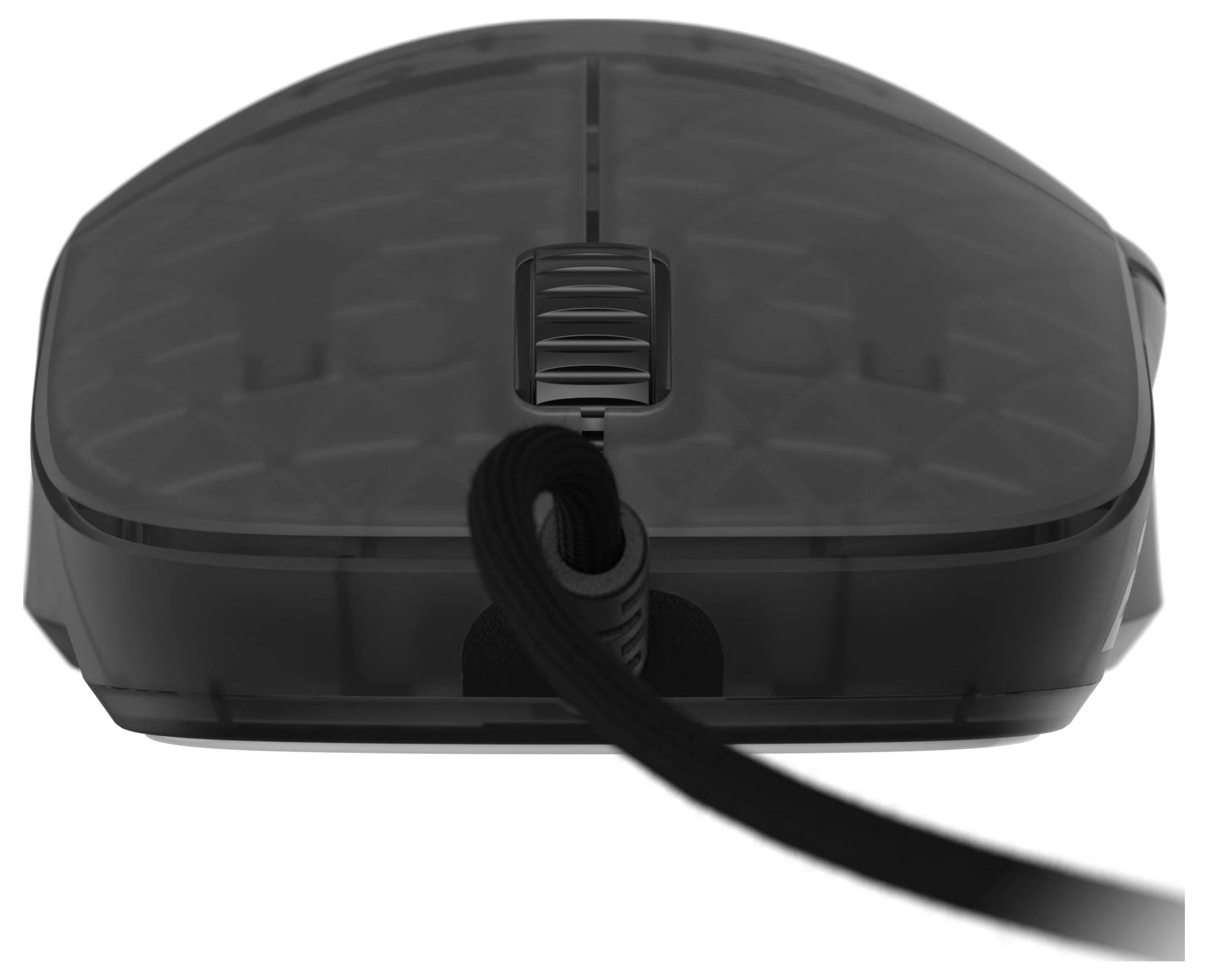 Eine schwarze kabelgebundene Computermaus, Frontansicht, mit sichtbarem Scrollrad und strukturierter Oberfläche.