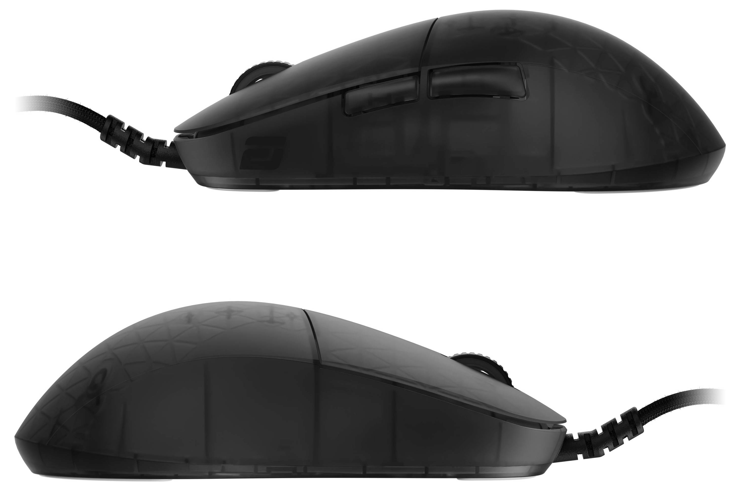 Zwei kabelgebundene, schwarze Computer-Mäuse von der Seite gezeigt; die obere Maus verfügt über seitliche Tasten, und die untere Maus weist ein glatteres Design auf.