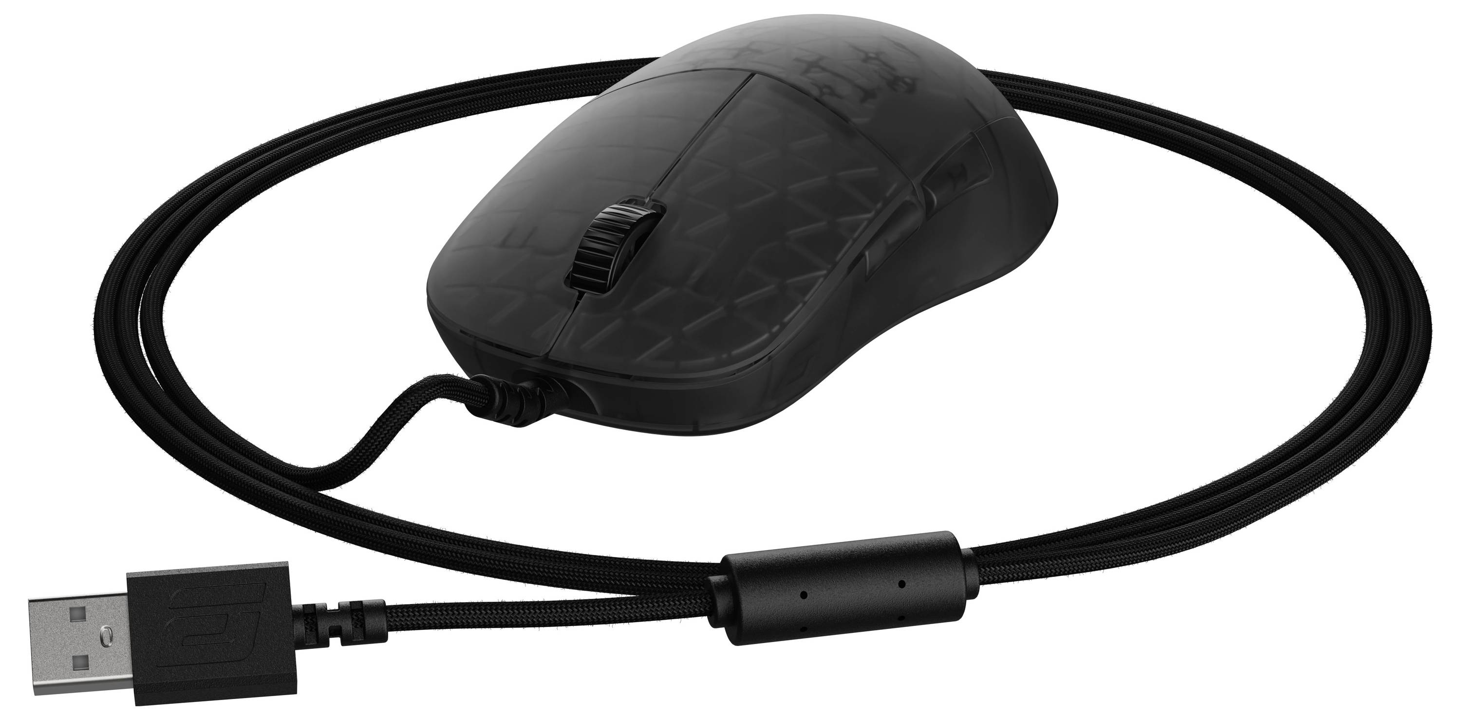 Eine schwarze kabelgebundene Computer-Maus mit USB-Anschluss.