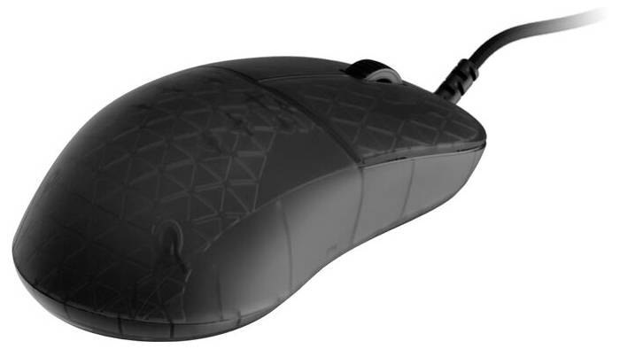 Eine Computermaus mit einem schwarzen geflochtenen Kabel, von vorne betrachtet, mit einem Scrollrad und einer strukturierten Oberfläche.