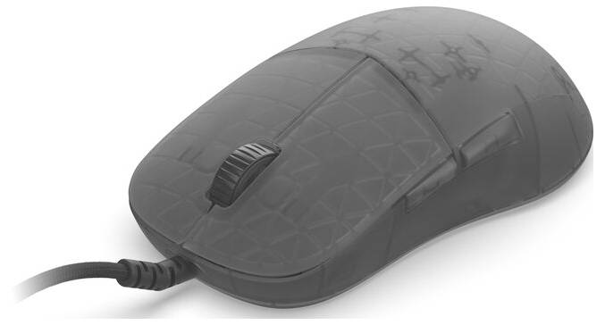 'Endgame Gear XM2Bk' kabelgebundene Gaming-Maus, Ansichten von oben und unten. Die Oberseite zeigt ein schlankes schwarzes Design; die Unterseite präsentiert Produktinformationen und Sensor.