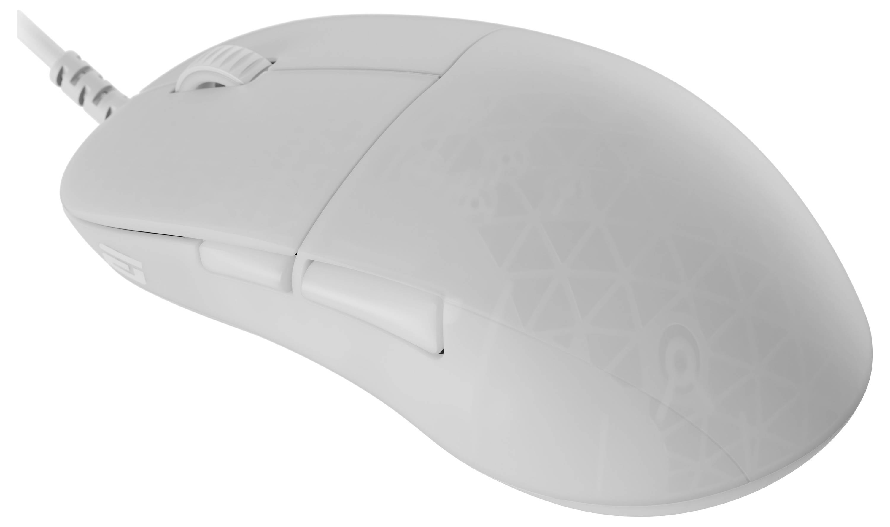 Eine weiße Computermaus mit einem geometrischen Muster verfügt über zwei Tasten und ein Scrollrad, die durch ein Kabel verbunden sind.