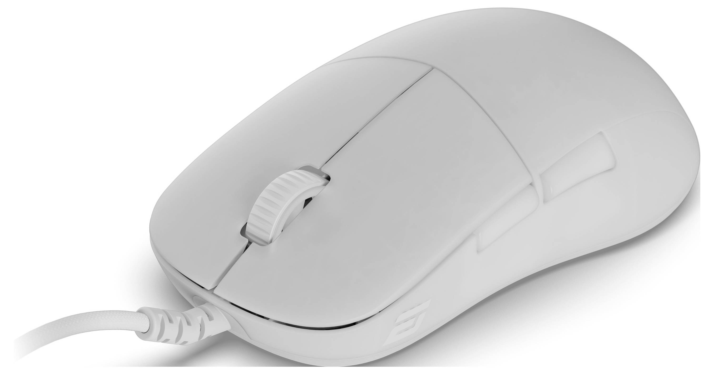 Eine weiße kabelgebundene Computermaus mit Scrollrad und zwei Tasten wird von oben betrachtet, links durch ein Kabel angeschlossen.