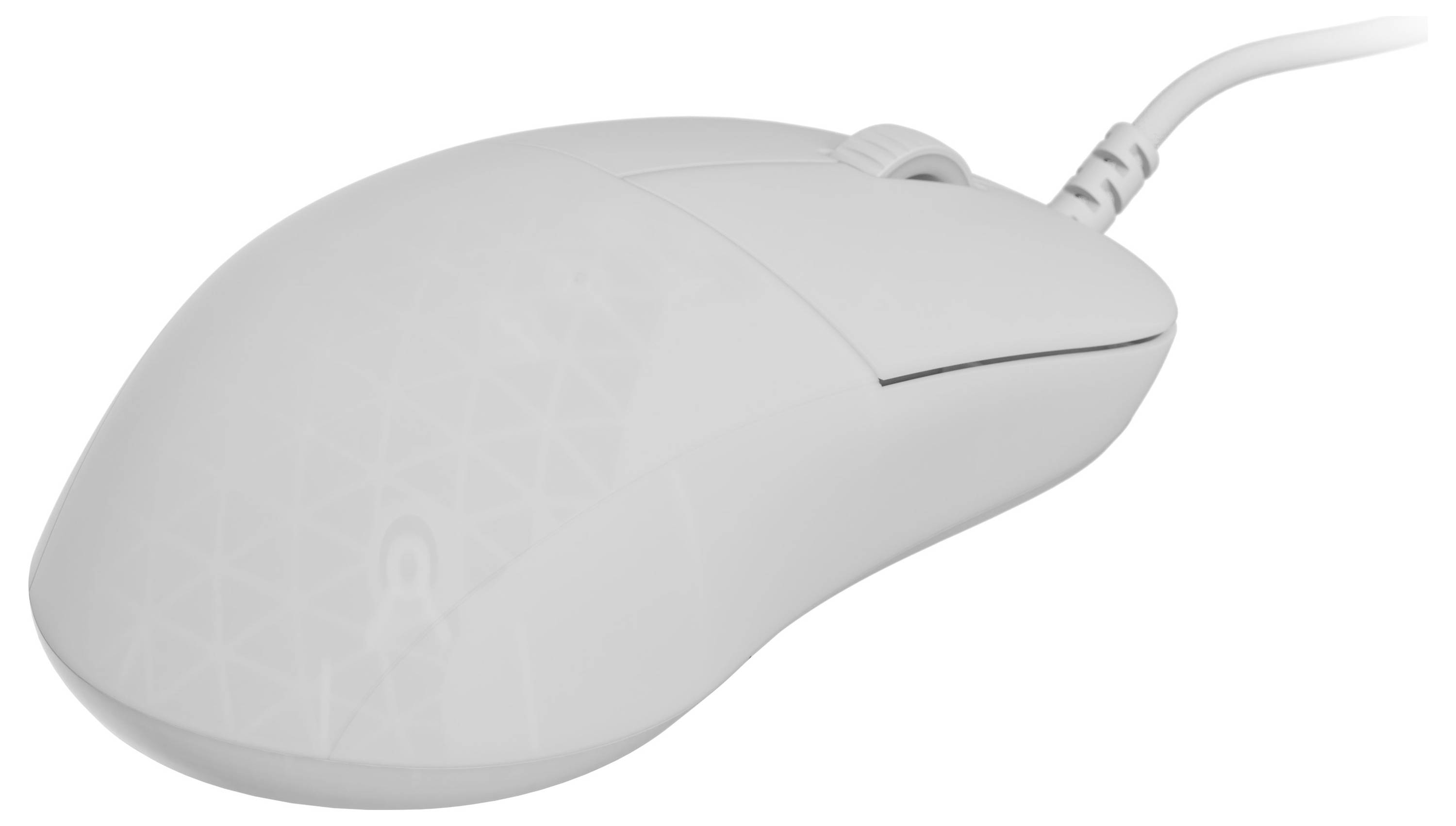 Eine weiße Computermaus mit einem Scrollrad und einem Kabel, mit einem geometrischen Muster auf der Oberfläche.