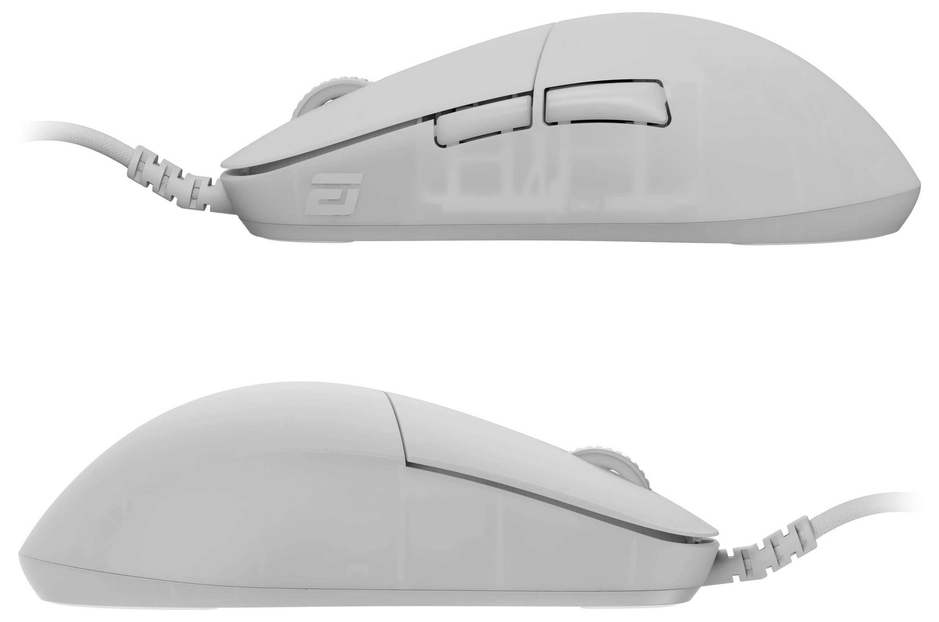 Zwei Ansichten einer weißen Computermaus, die verschiedene Seiten zeigen. Die Draufsicht zeigt zwei Tasten und ein Scrollrad, während die Unterseite eine glatte Oberfläche aufweist.