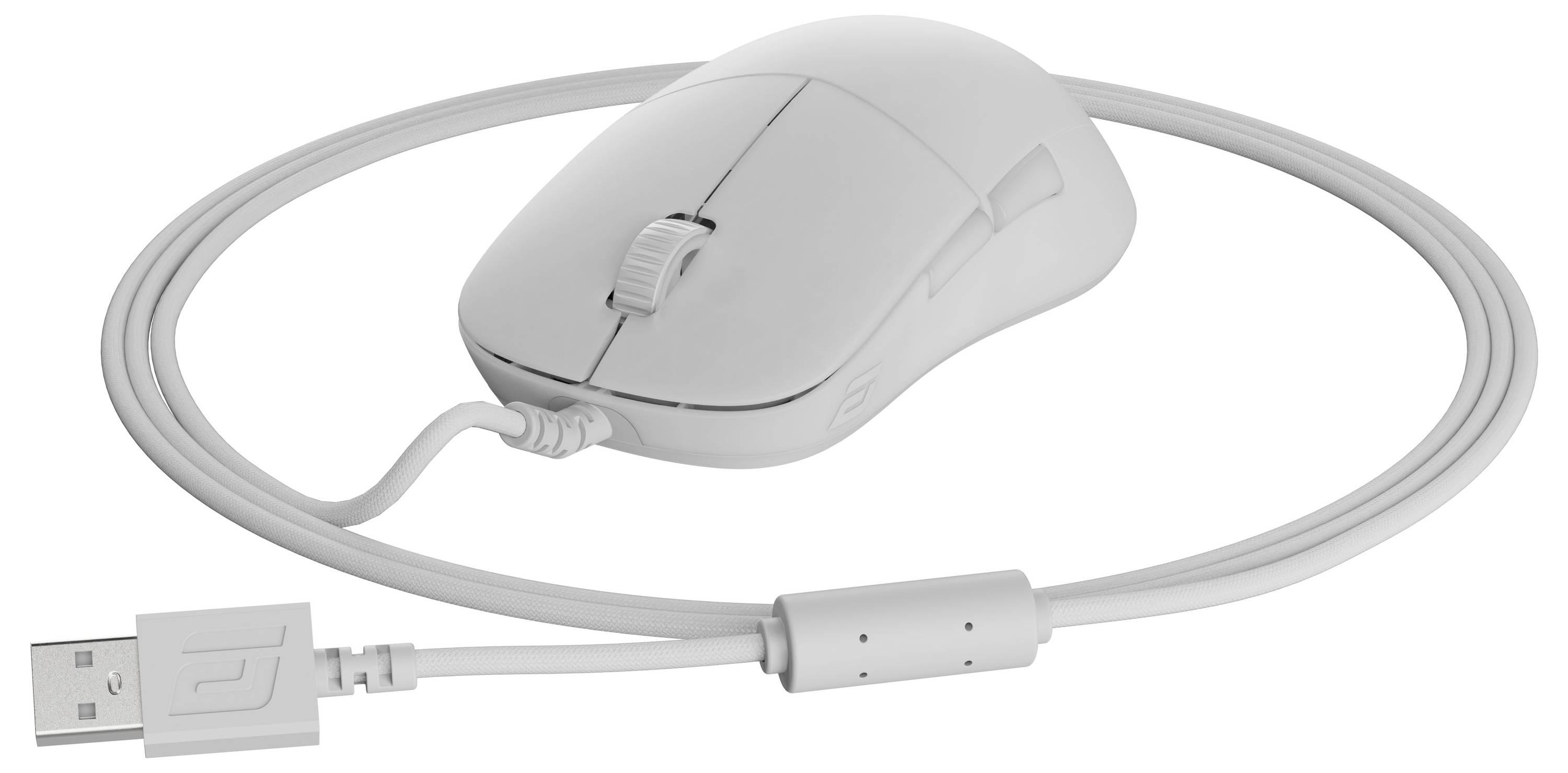 Eine weiße kabelgebundene Computermaus mit USB-Anschluss liegt verschlungen um sich selbst gewickelt auf einem einfarbigen weißen Hintergrund.