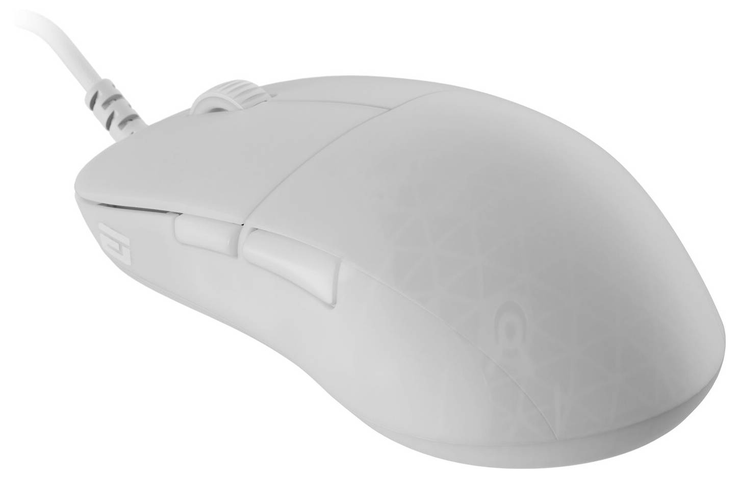 Eine weiße Computermaus mit Kabelverbindung, ausgestattet mit einem Scrollrad und zwei Tasten an der Seite.