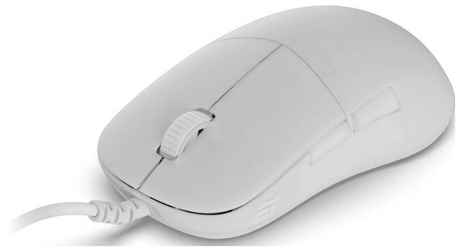 Eine weiße Computermaus mit einem Scrollrad und einer Kabelverbindung.