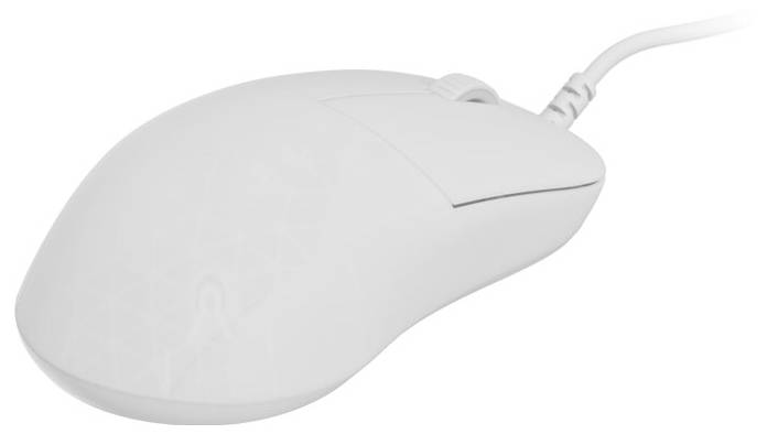 Eine weiße Computermaus mit Kabel, die ein gekurvtes Design und eine glatte Oberfläche aufweist.