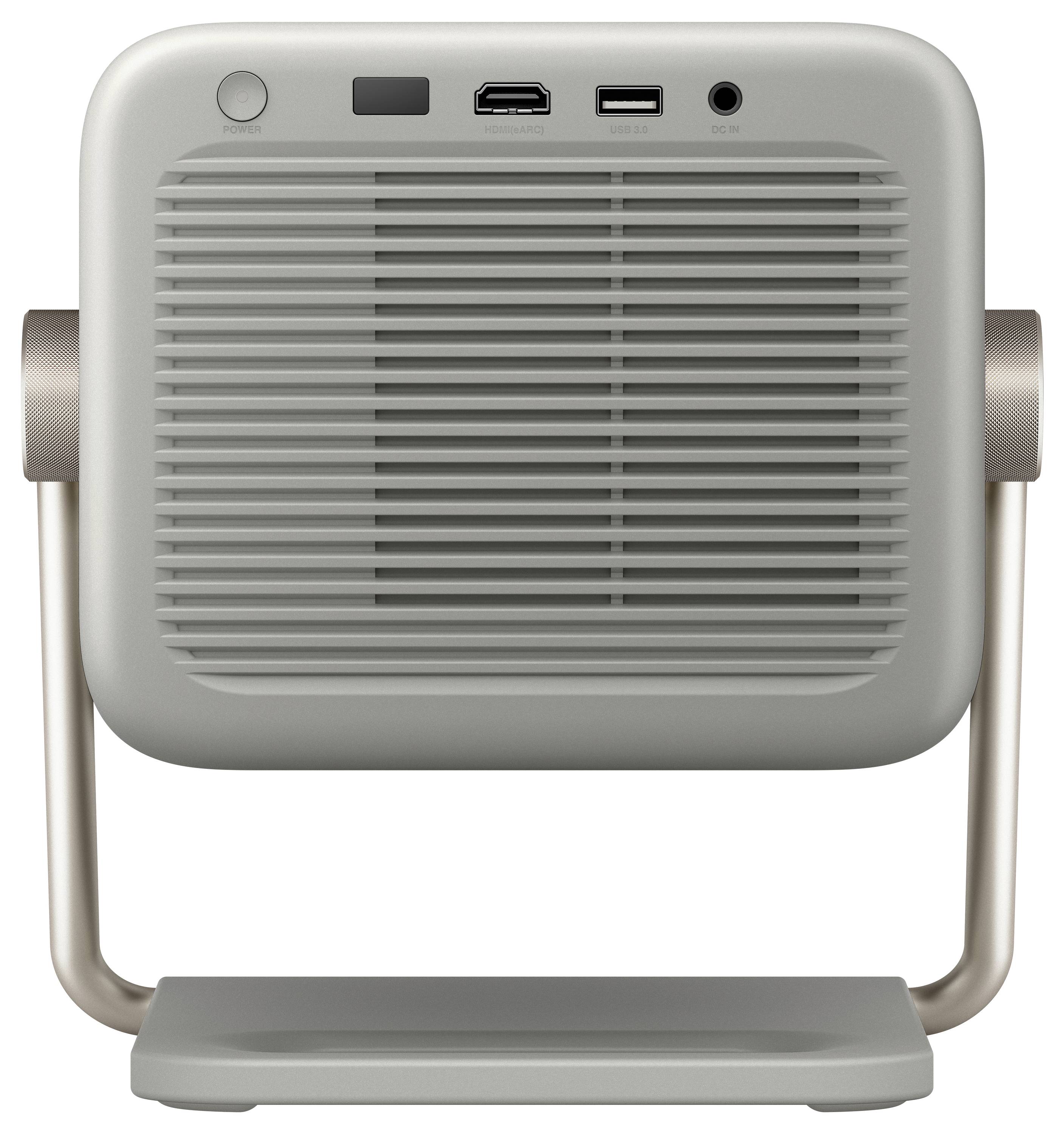 Ein Projektor, von hinten betrachtet, mit Anschlüssen für HDMI, USB und Audio auf einem hellgrauen Panel mit einem Ständer.