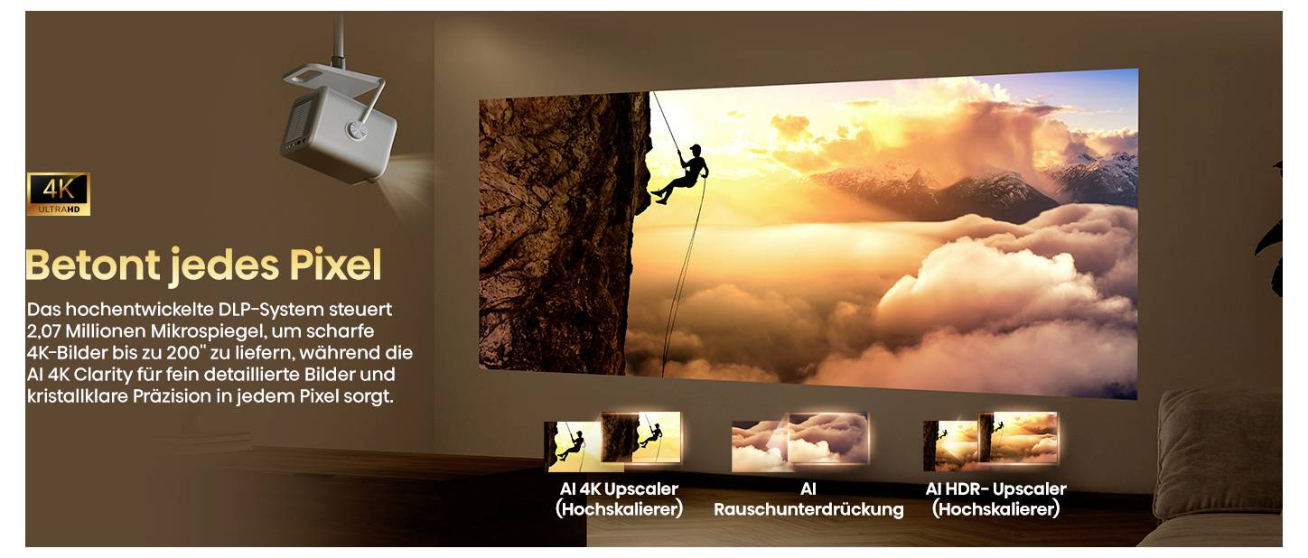 Ein großer Bildschirm, der ein leuchtendes Bild einer Figur zeigt, die bei Sonnenaufgang am Rand eines Berges läuft und dabei die 4K-Klarheit und KI-HDR-Funktionen hervorhebt.