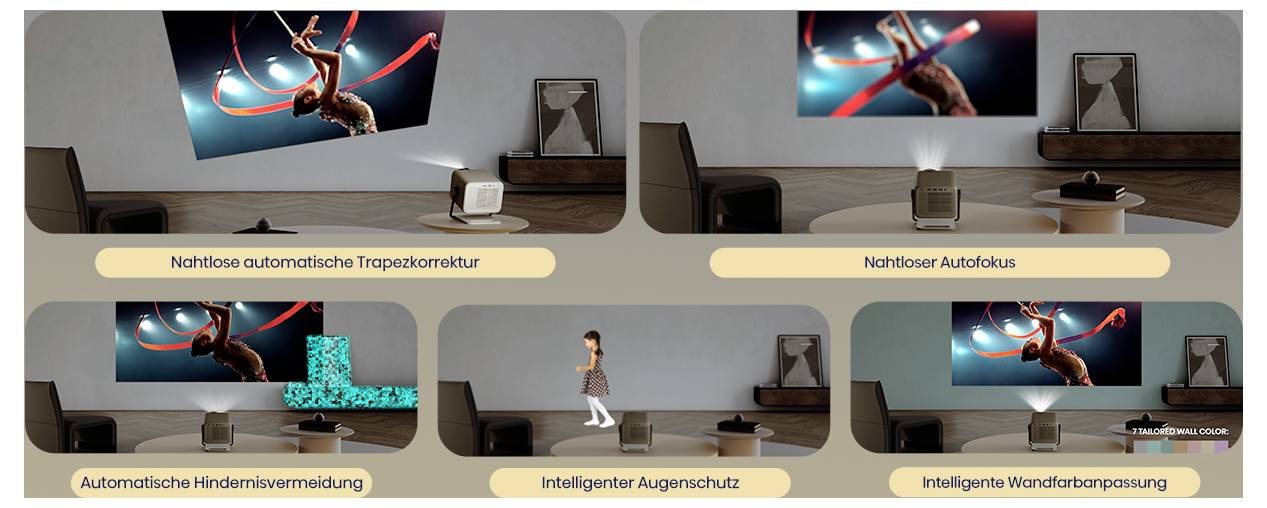 Raum mit einem Projektor, der einen Hirsch auf dem Bildschirm zeigt. Hervorgehobene Funktionen: automatische Trapezkorrektur, Autofokus, Hinderniserkennung, Augenschutz, Wandanpassung.
