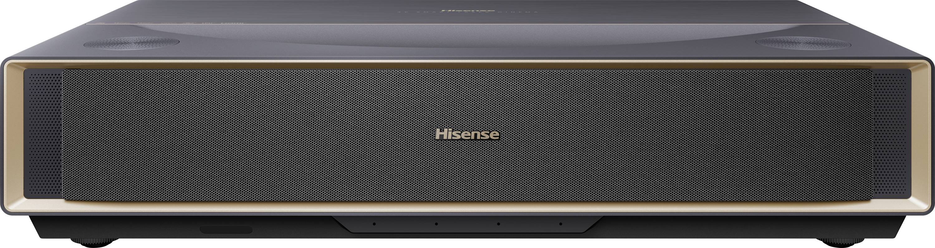 Hisense Kurzdistanz-Projektor mit elegantem Schwarz-Gold-Design, der große Bilder aus kurzer Entfernung projiziert.