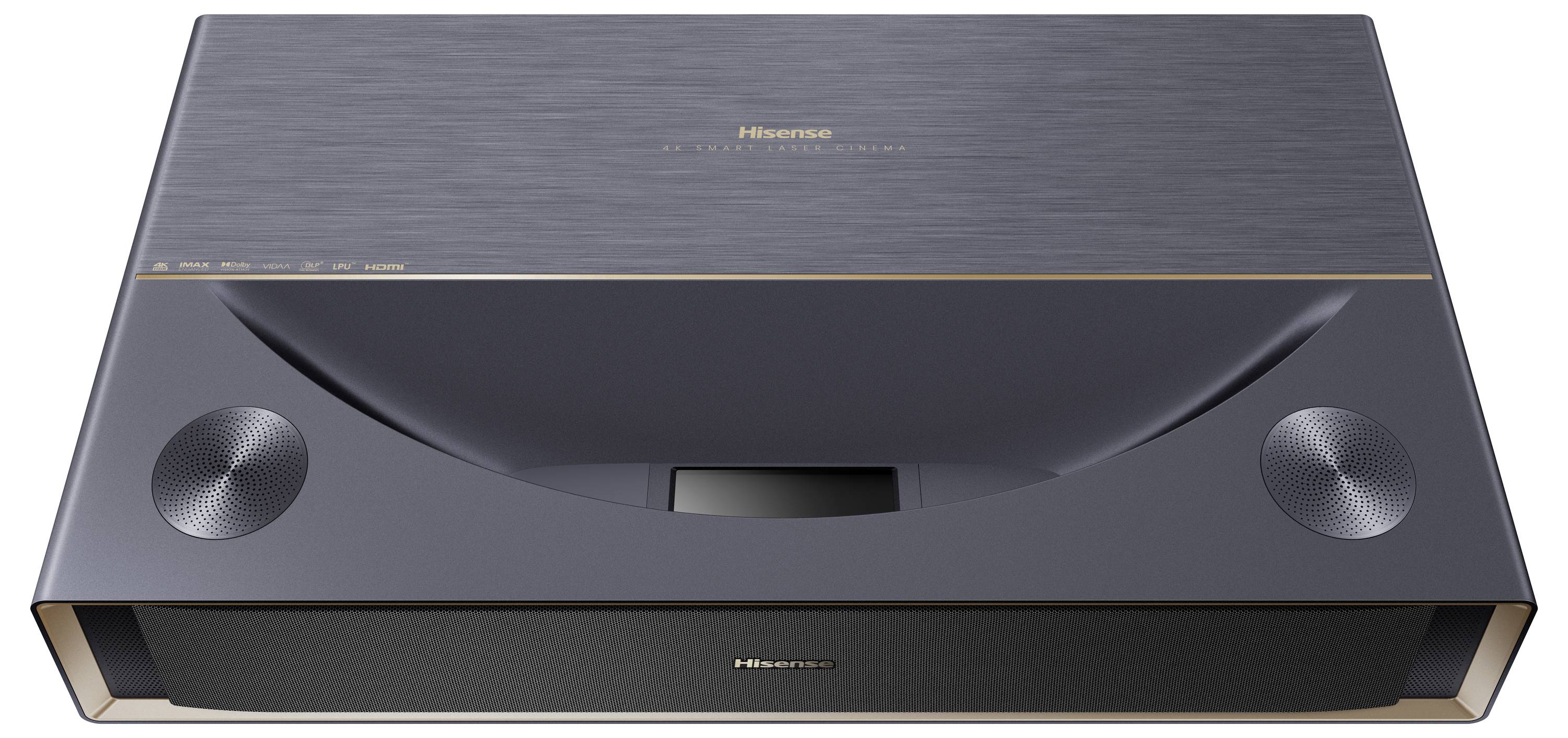 Hisense Ultra-Kurzdistanz-Projektor in elegantem Schwarz-Silber-Design mit integrierten Lautsprechern, Draufsicht.
