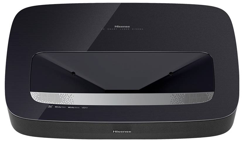 Ein schwarzes Hisense-Gerät mit elegantem Design, das Strom-, Bluetooth-, HDMI- und VGA-Verbindungsindikatoren am Frontpanel aufweist.