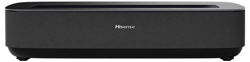 Ein schlanker, schwarzer Hisense-Projektor mit minimalistischem Design, der seine Frontansicht präsentiert.