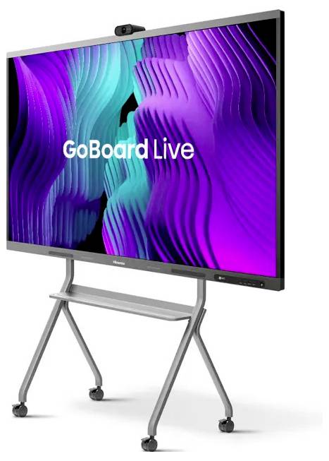 Interaktive digitale Anzeige mit dem Titel 'GoBoard Live' auf einem Ständer mit Rollen, vor einem lebhaften, abstrakten Hintergrund in Lila und Blau.