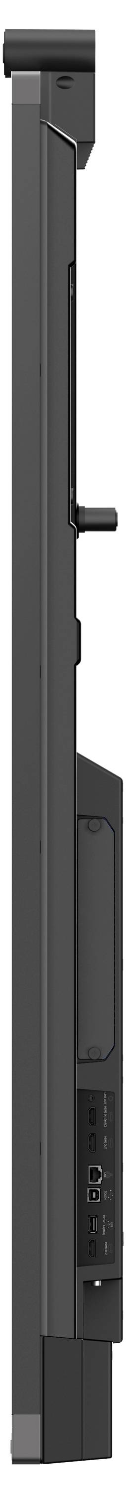 Seitenansicht eines schlanken, vertikalen Flachbildschirms oder Fernsehers, der sein ultraflaches Profil und minimalen Rahmen zeigt.