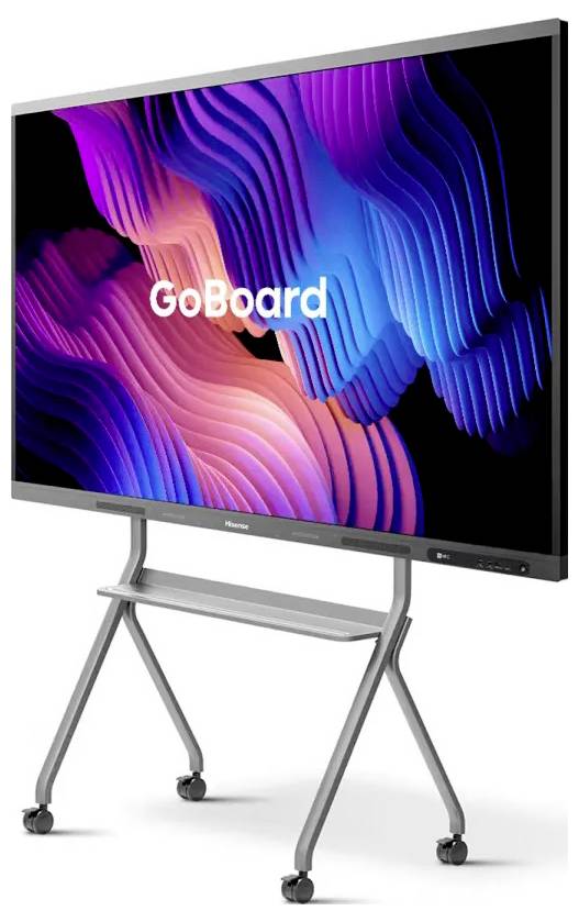 Ein großer digitaler Bildschirm, der lebendige Wellenmuster mit dem Text 'GoBoard' zeigt und auf einem Rollständer montiert ist.