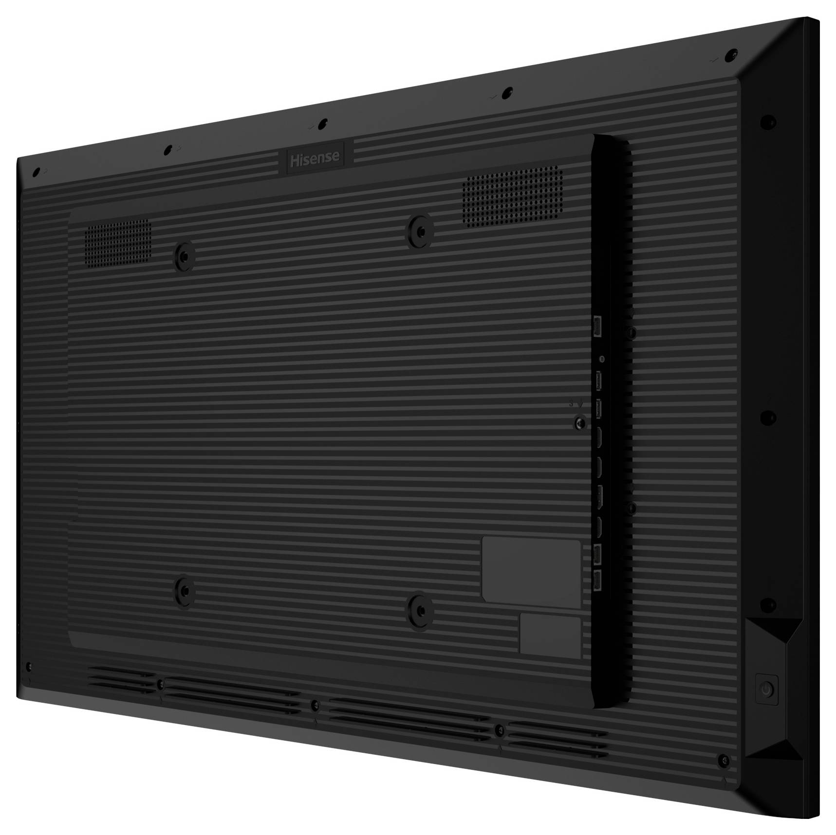 Ein Flachbildfernseher, von hinten betrachtet, zeigt Anschlüsse und Lüftungsöffnungen und betont seine schwarze strukturierte Oberfläche und sein schlankes Design.