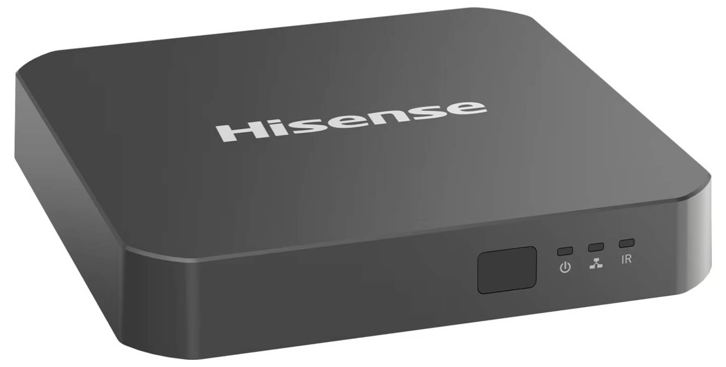 Ein schlankes Hisense-Medien-Streaming-Gerät mit LED-Anzeigen und einem Einschaltknopf auf dem Frontpanel.