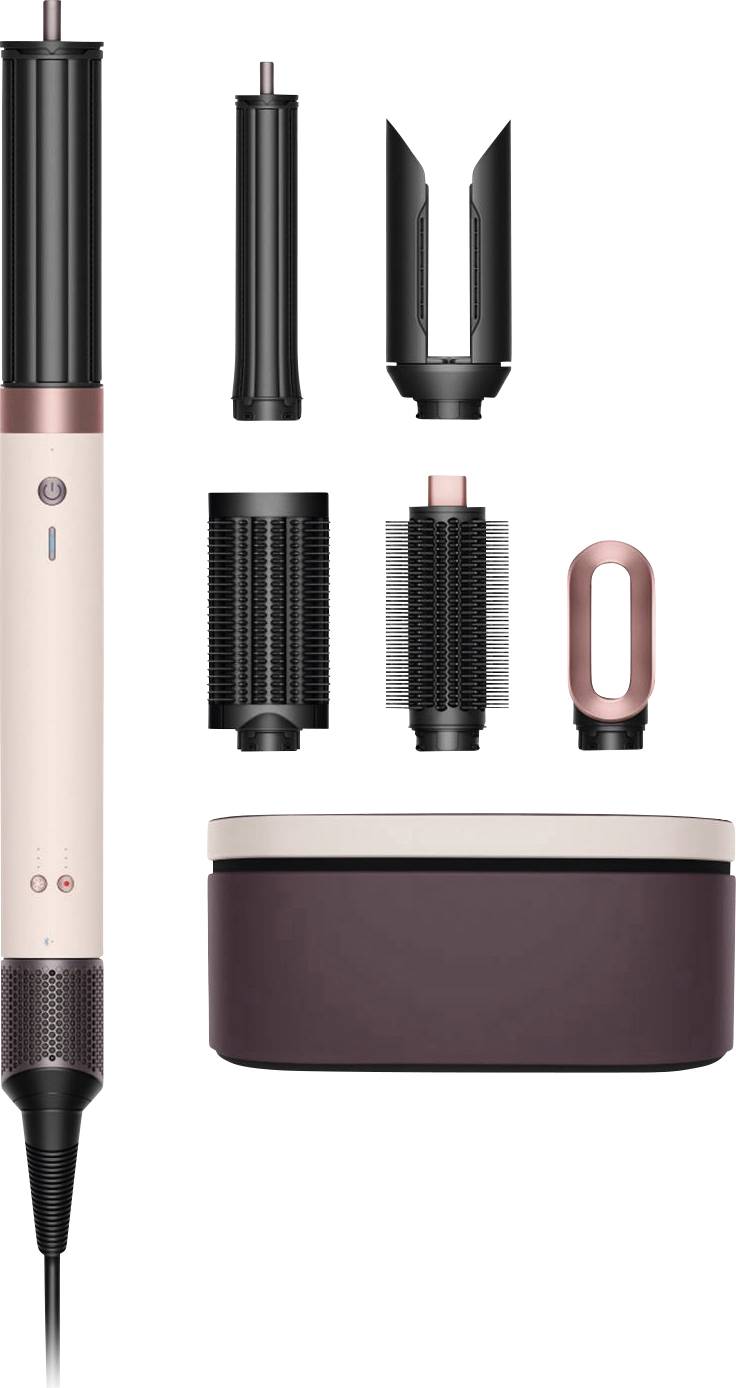 Kabelloser Staubsauger mit kupferfarbenem Rohr, motorisierter Bodenbürste und verschiedenen Aufsätzen für vielseitiges Reinigen.