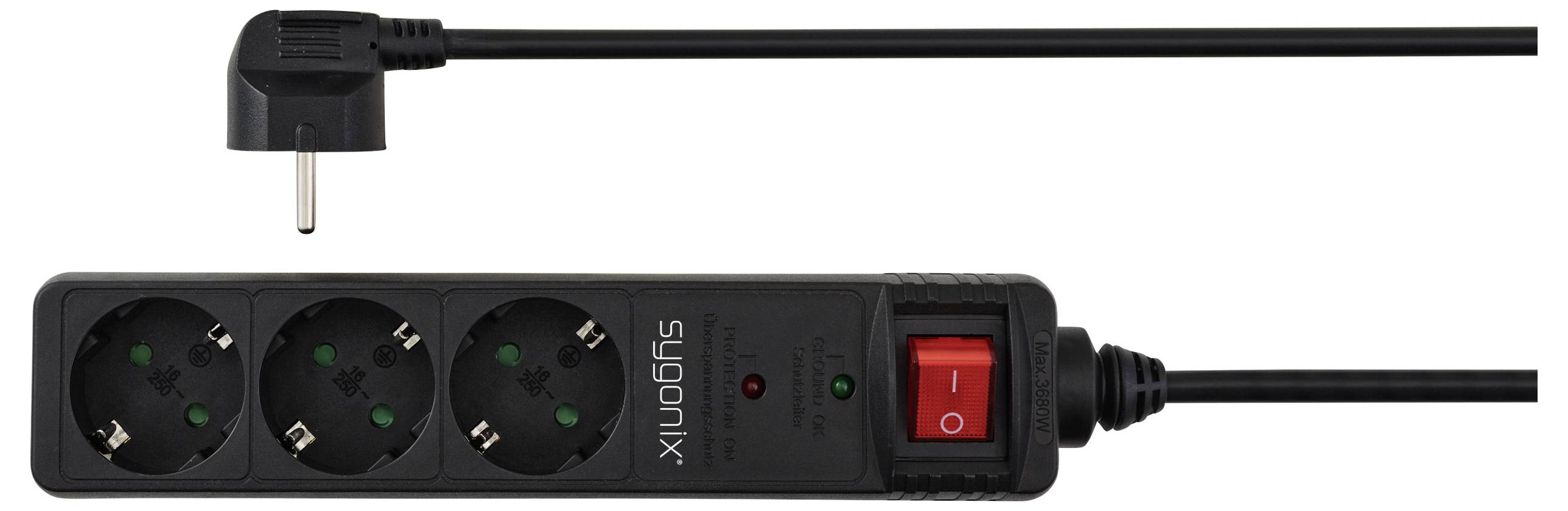 Ein schwarzes Steckdosenleiste mit drei europäischen Steckdosen, einem roten Netzschalter und einem Stecker an einem Kabel.