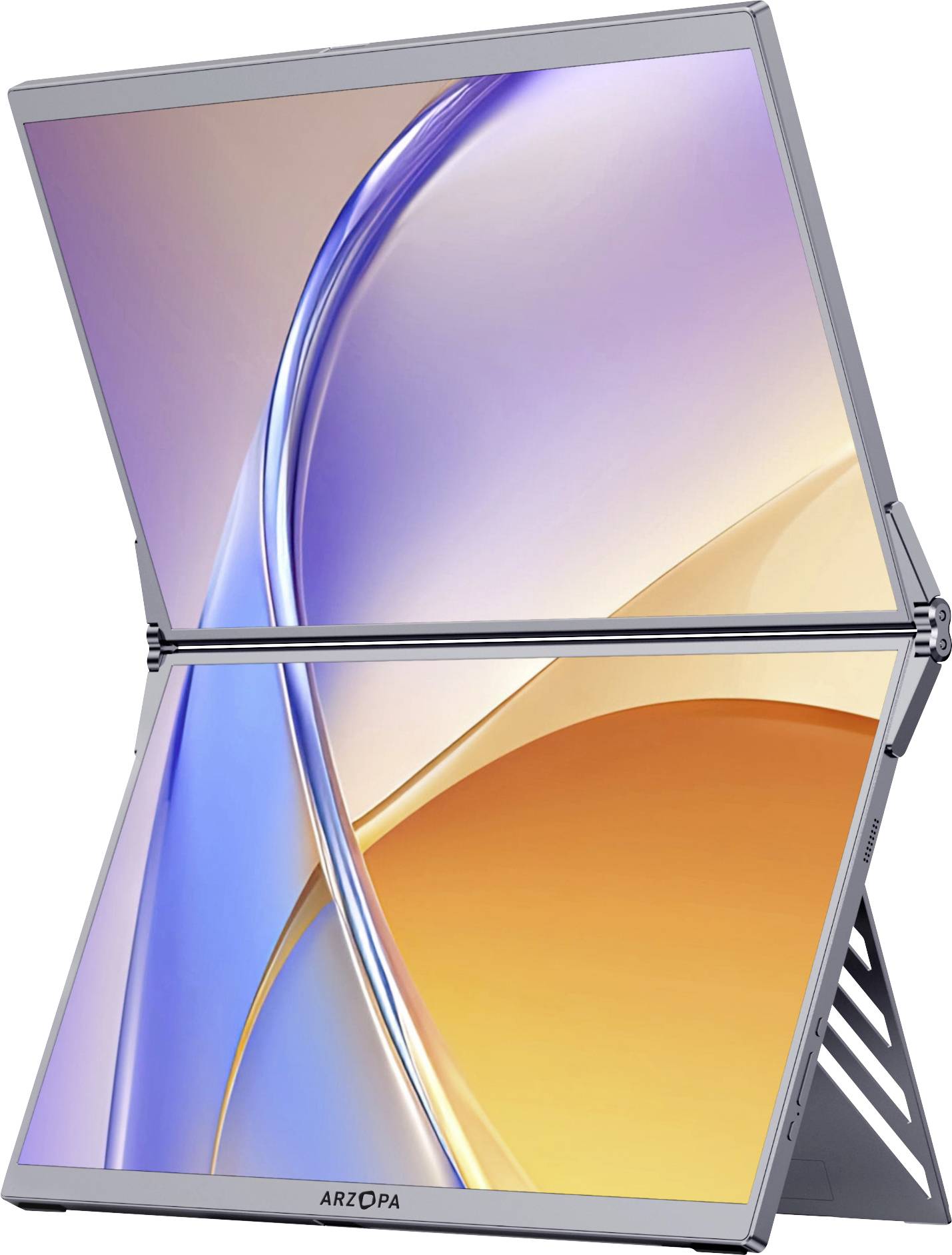 Ein eleganter faltbarer Bildschirm zeigt ein abstraktes Design in Blau- und Orangetönen und präsentiert die Flexibilität des Geräts sowie moderne Technologie.