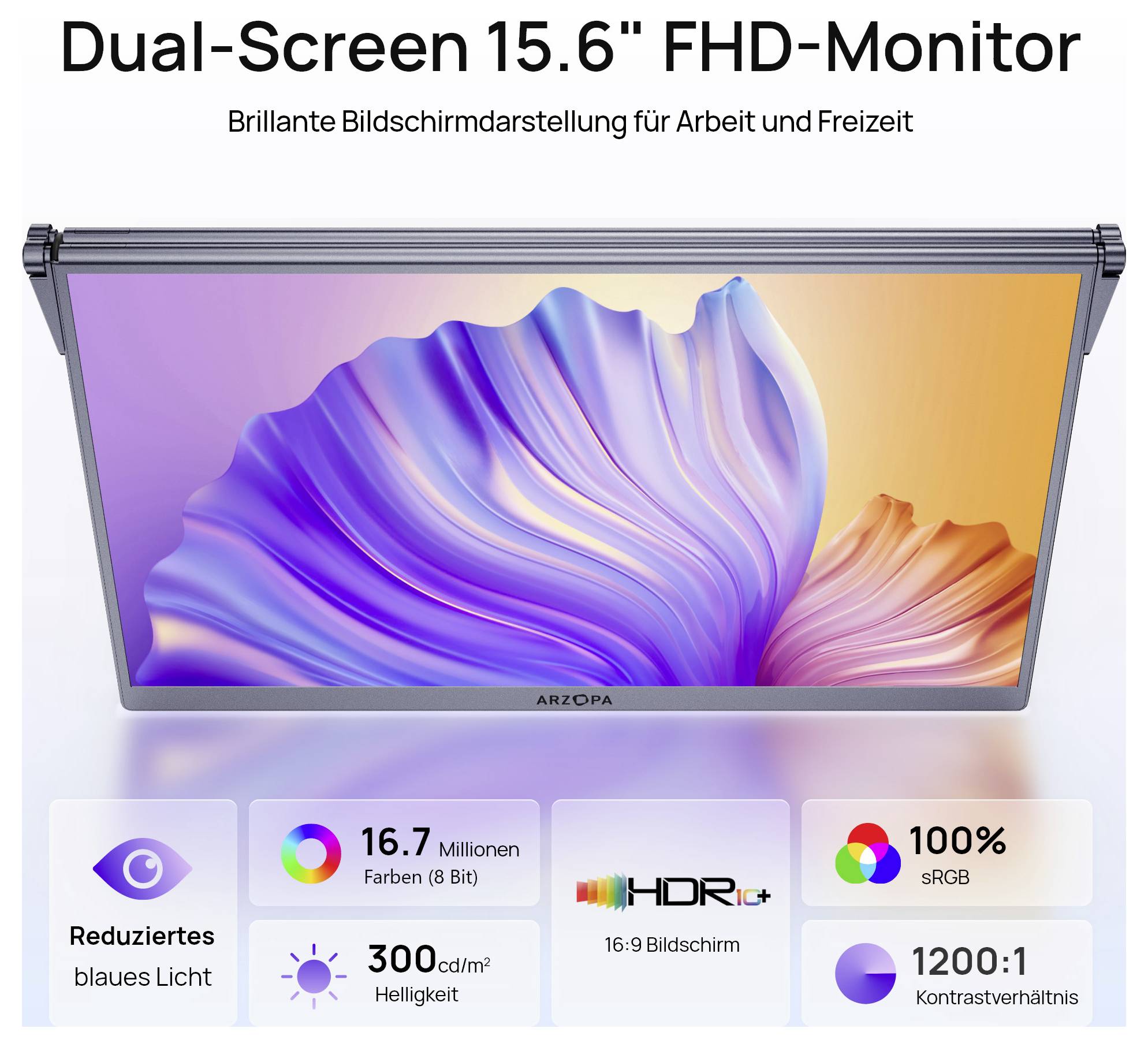 Arzopa E1 Dual Screen Portabler Monitor EEK E (A - G) 39.6cm (15.6 Zoll) 1920 x 1080 Pixel 16:9 25 ms HDMI®, USB-C® (DP Alt Mode)