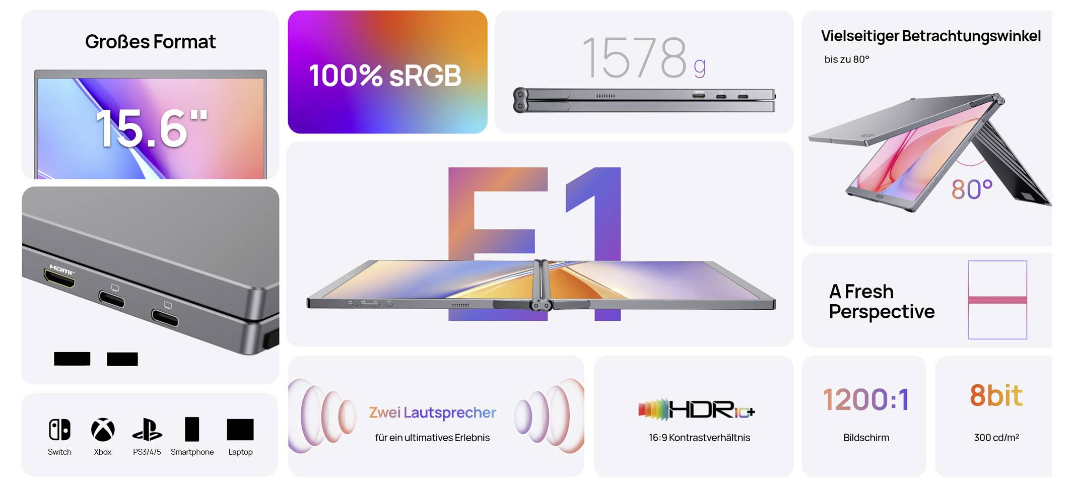 Arzopa E1 Dual Screen Portabler Monitor EEK E (A - G) 39.6cm (15.6 Zoll) 1920 x 1080 Pixel 16:9 25 ms HDMI®, USB-C® (DP Alt Mode)