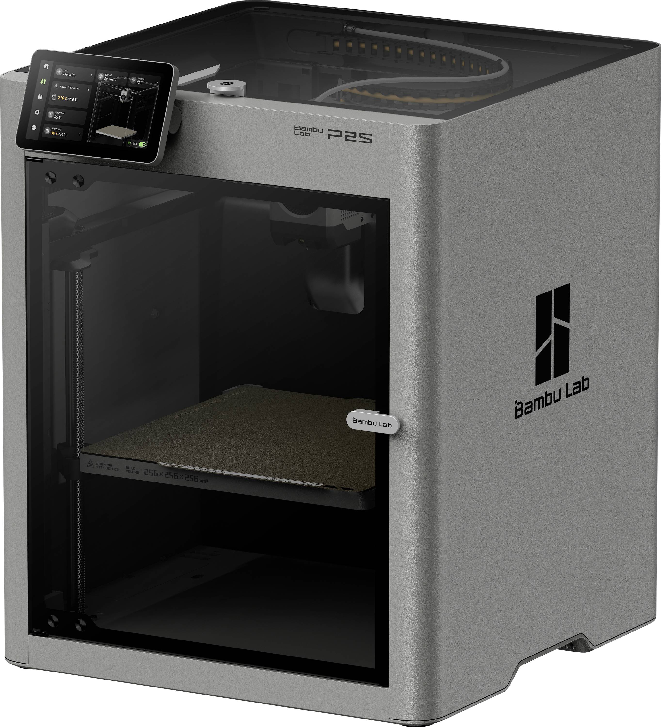 Ein grauer 3D-Drucker mit Touchscreen-Schnittstelle und transparentem Seitenfenster, mit der Markenbezeichnung 'Bambu Lab', zeigt seinen Druckbereich.