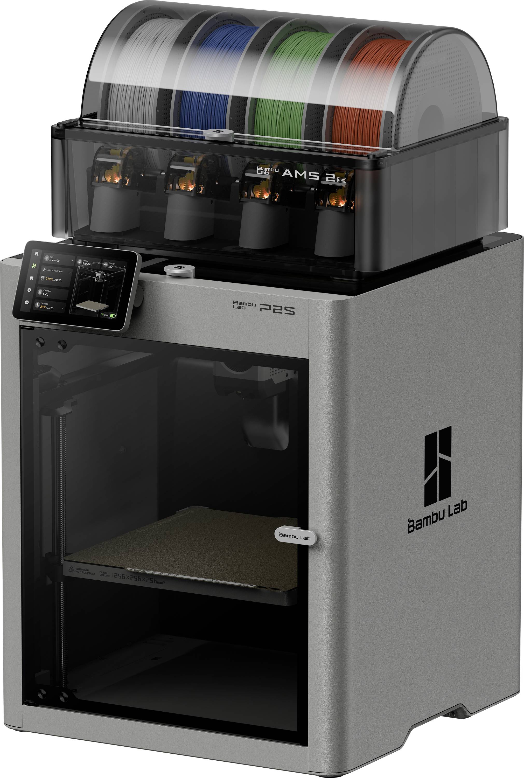 Ein 3D-Drucker mit Touchscreen-Display und Filamentlagerung oben, der mehrfarbige Spulen druckbereit hält. Der obere Teil ist mit „Bambu Lab