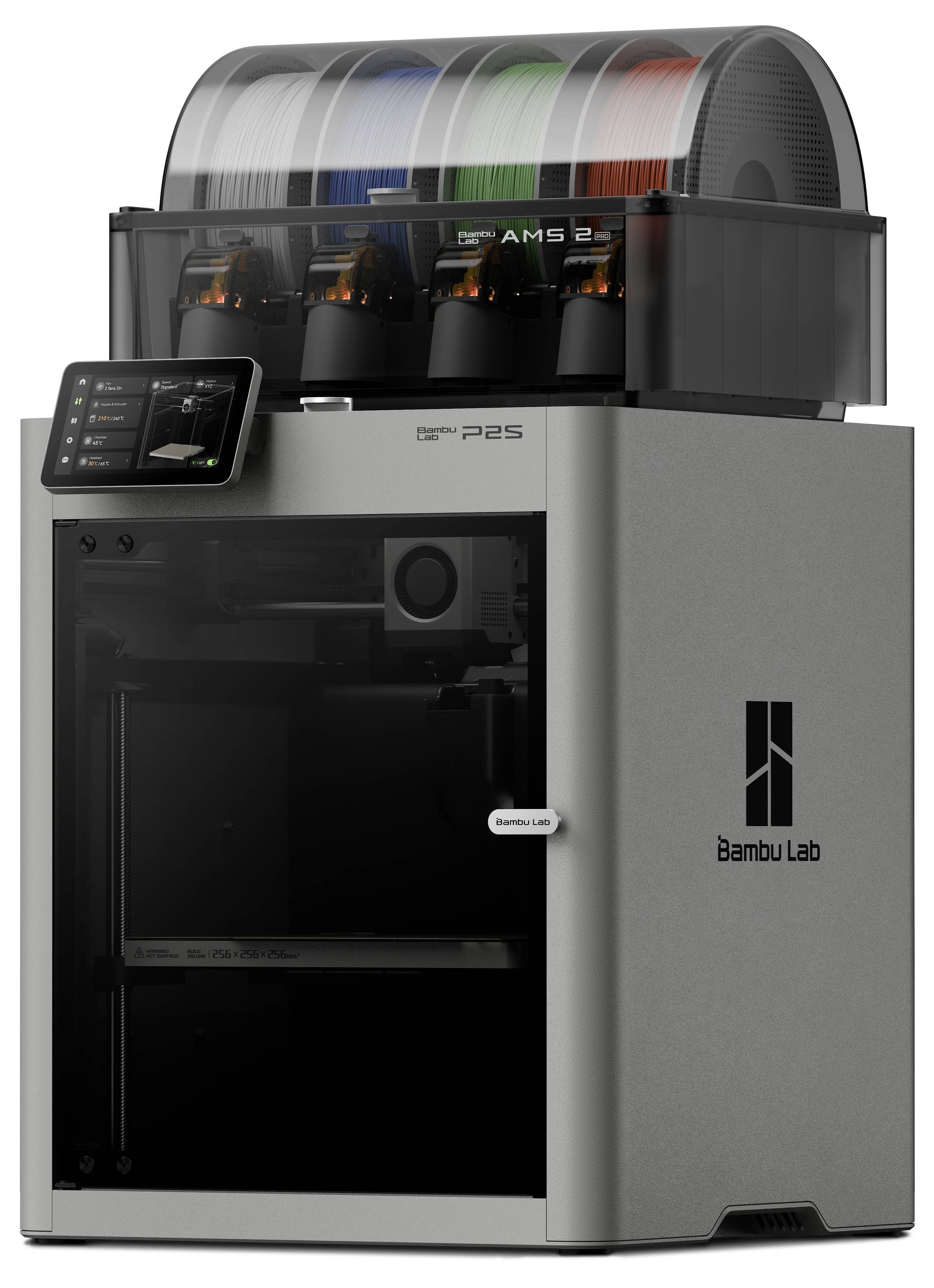 Ein 3D-Drucker mit mehreren Farbfilamentspulen oben, ausgestattet mit einem digitalen Bedienfeld und seitlich mit 