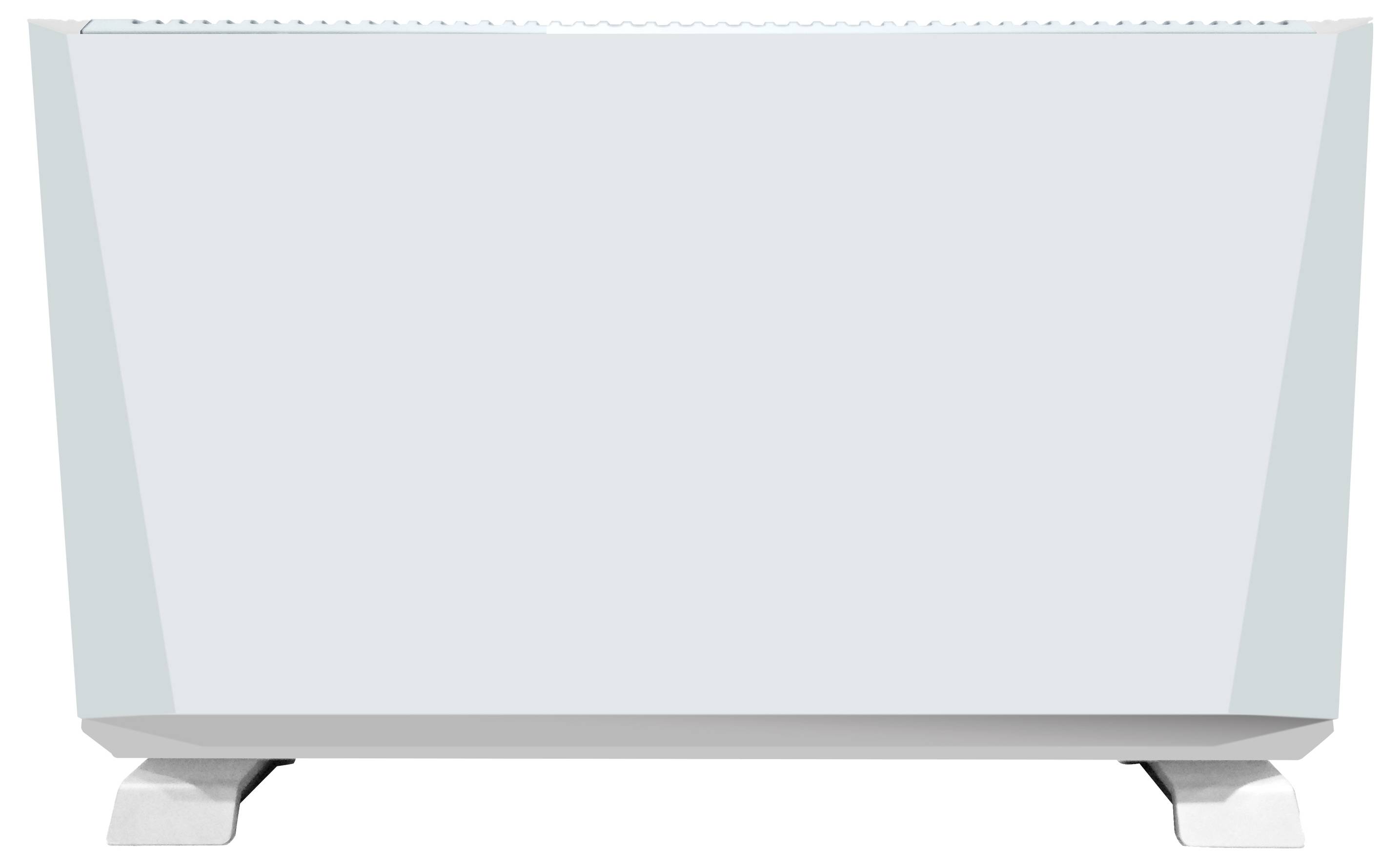 Ein rechteckiger, freistehender weißer Heizkörper mit minimalistischem Design, der auf zwei kleinen Beinen ruht und für moderne Innenräume geeignet ist.
