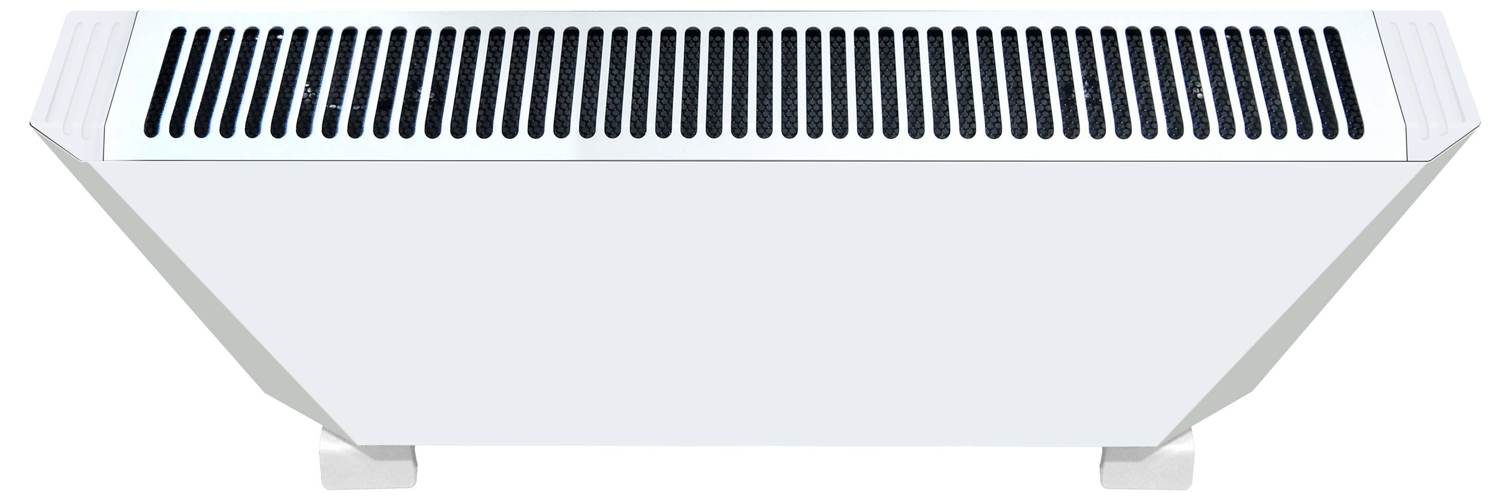 Ein weißer Sockelheizungskörper mit schwarzen vertikalen Schlitzen zur Belüftung, an einer Wand montiert.