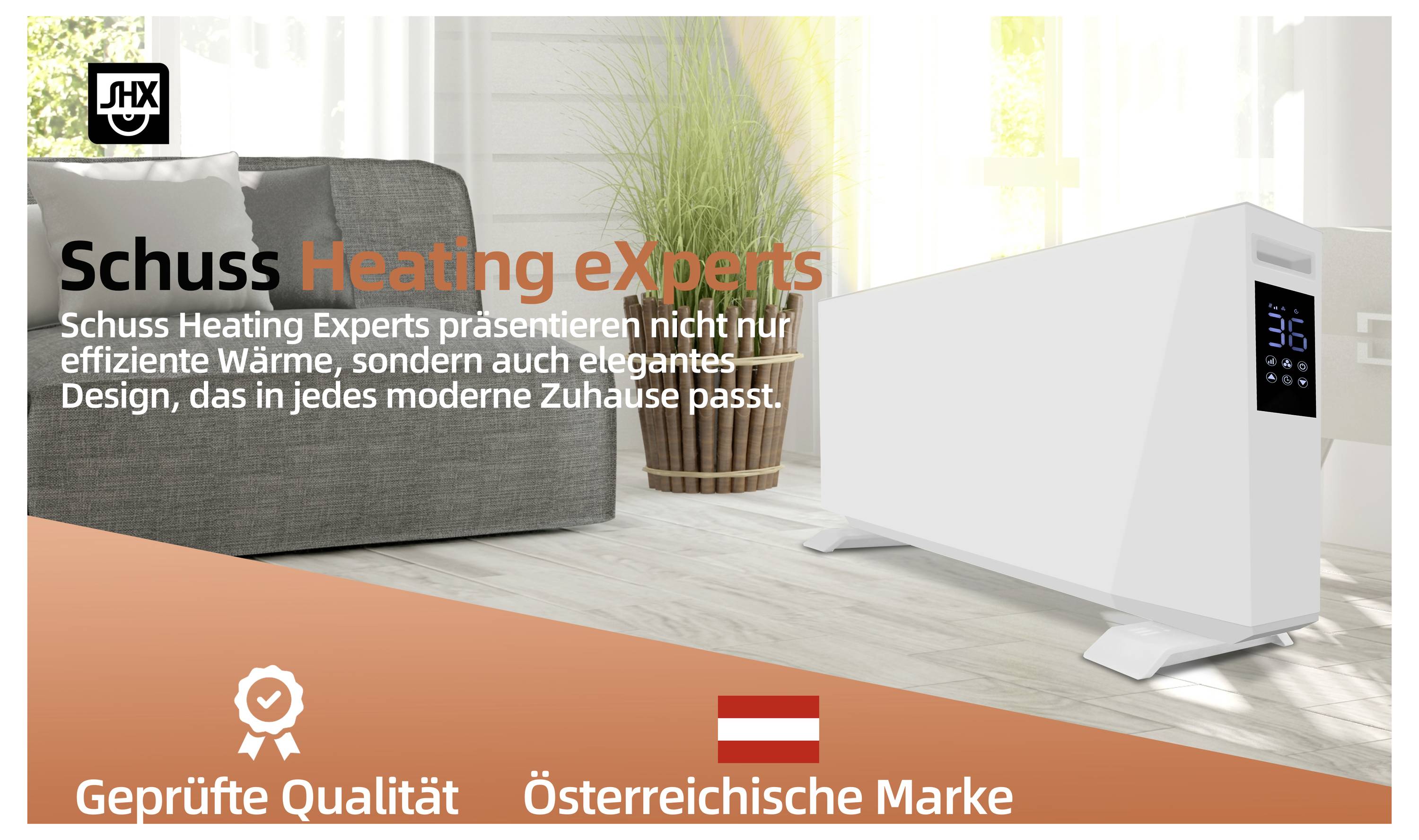 Ein Schuss-Heizgerät in einem modernen Raum wird gezeigt mit dem Text: 