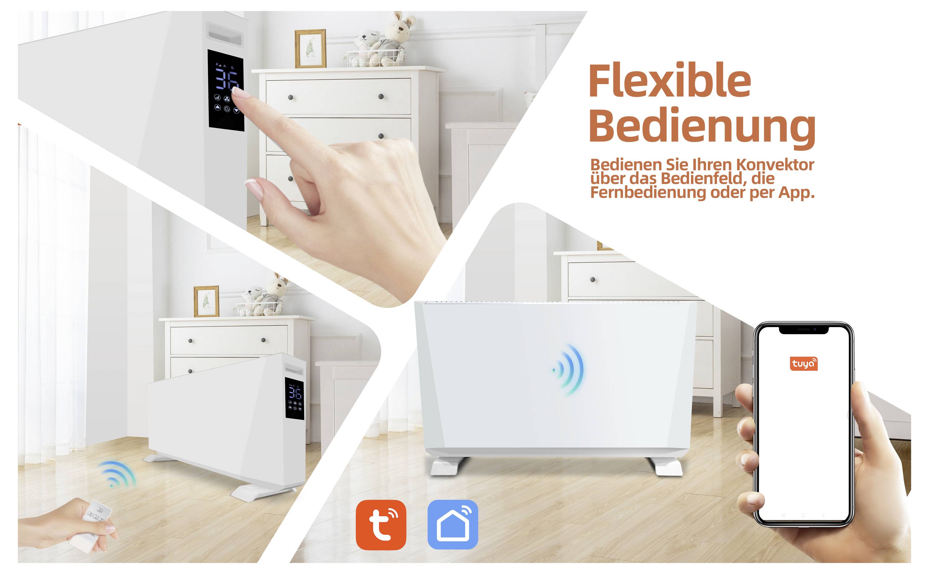 Eine Hand bedient einen weißen Heizlüfter mittels einer Smartphone-App und einer Fernbedienung. Der Text lautet 
