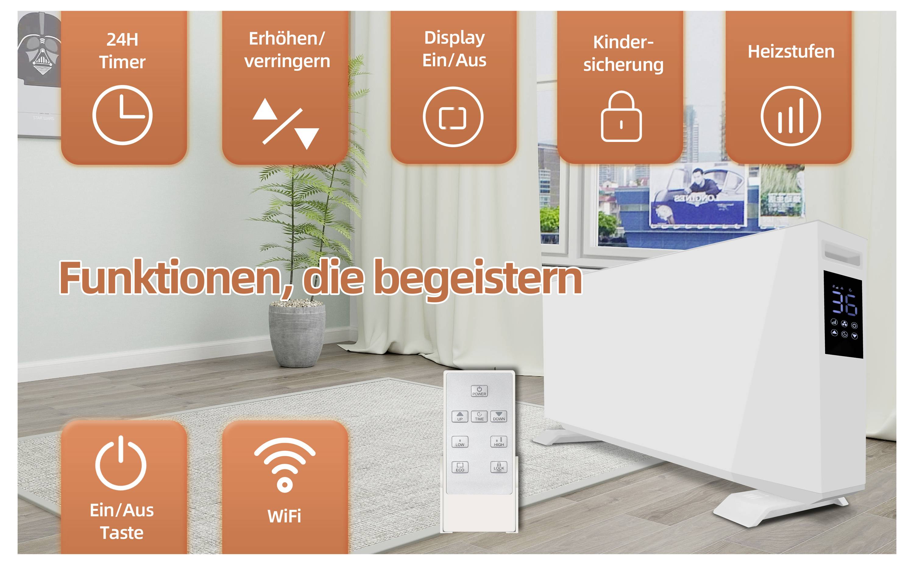 Ein weißer Heizlüfter mit LED-Display in einem Wohnzimmer, der folgende Funktionen hervorhebt: '24H Timer', 'Erhöhen/Verringern', 'Display Ein/Aus', 'Kindersicherung', 'Heizstufen', 'Ein/Aus-Taste', 'WLAN'.