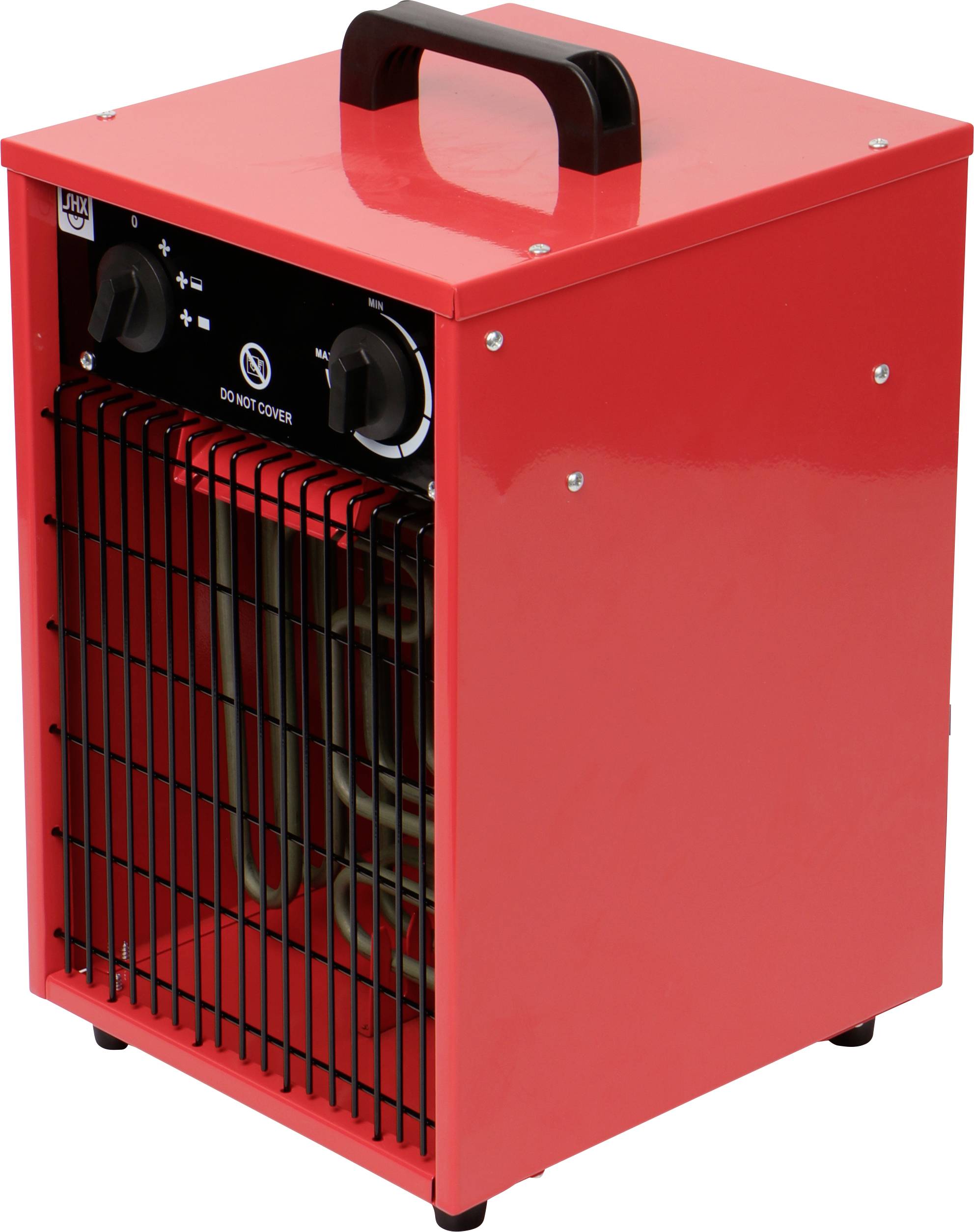 Ein roter tragbarer Elektroheizer mit schwarzem Griff und Bedienfeld, das zwei Drehregler aufweist, der auf einer ebenen Oberfläche steht.